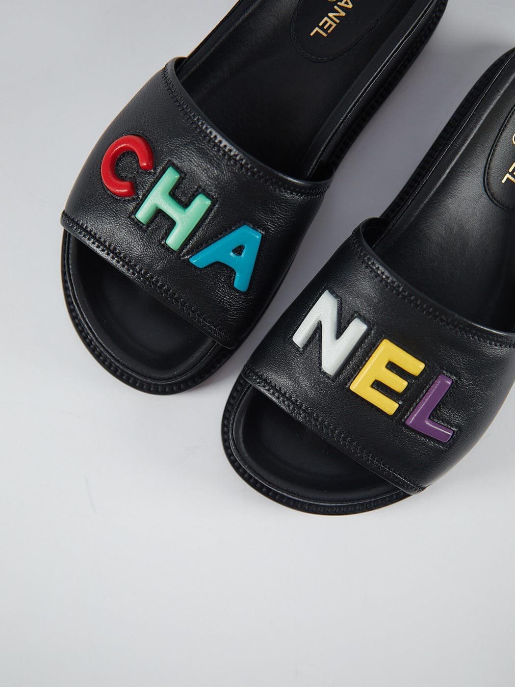 CHANEL SLIDE SANDALS Black with Multicolour Logo - Size 37