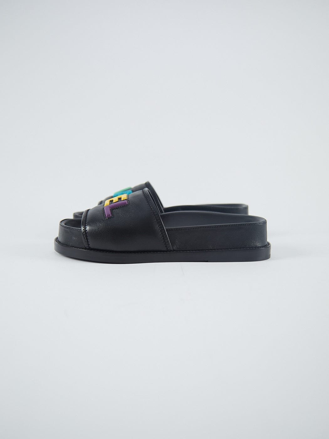 CHANEL SLIDE SANDALS Black with Multicolour Logo - Size 37