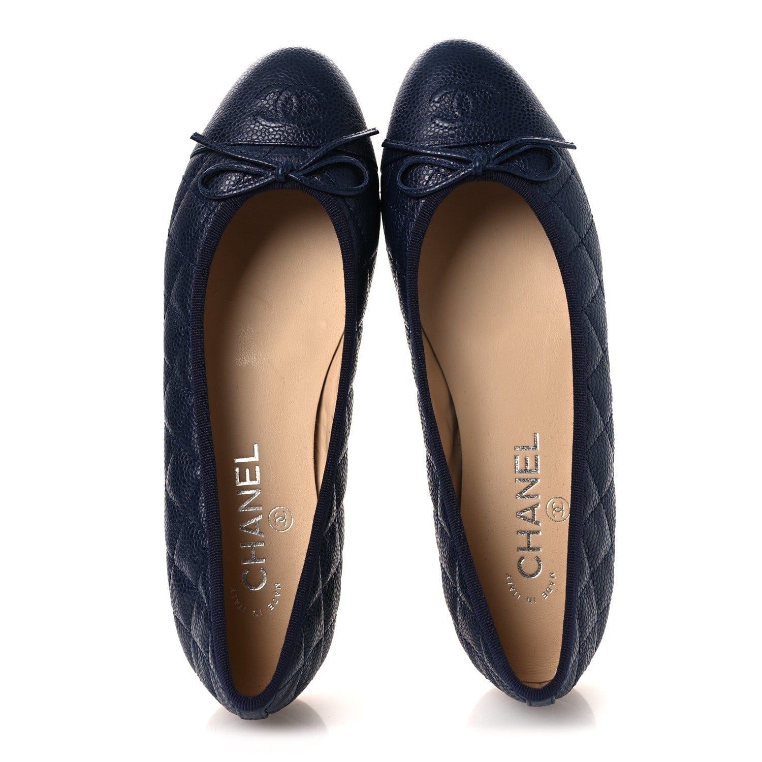 Chanel Caviar Quilted CC Cap Toe Ballerina Flats 38.5 Navy