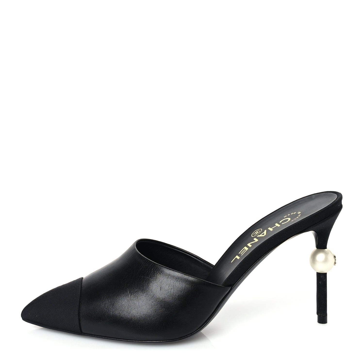 Chanel Goatskin Grosgrain Cap Toe Pearl Mule 39 Black