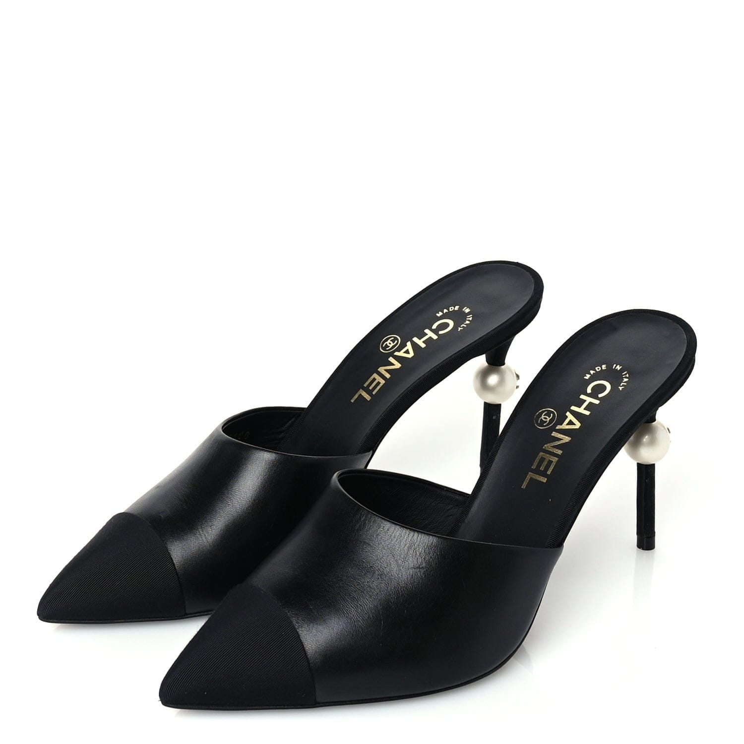 Chanel Goatskin Grosgrain Cap Toe Pearl Mule 39 Black