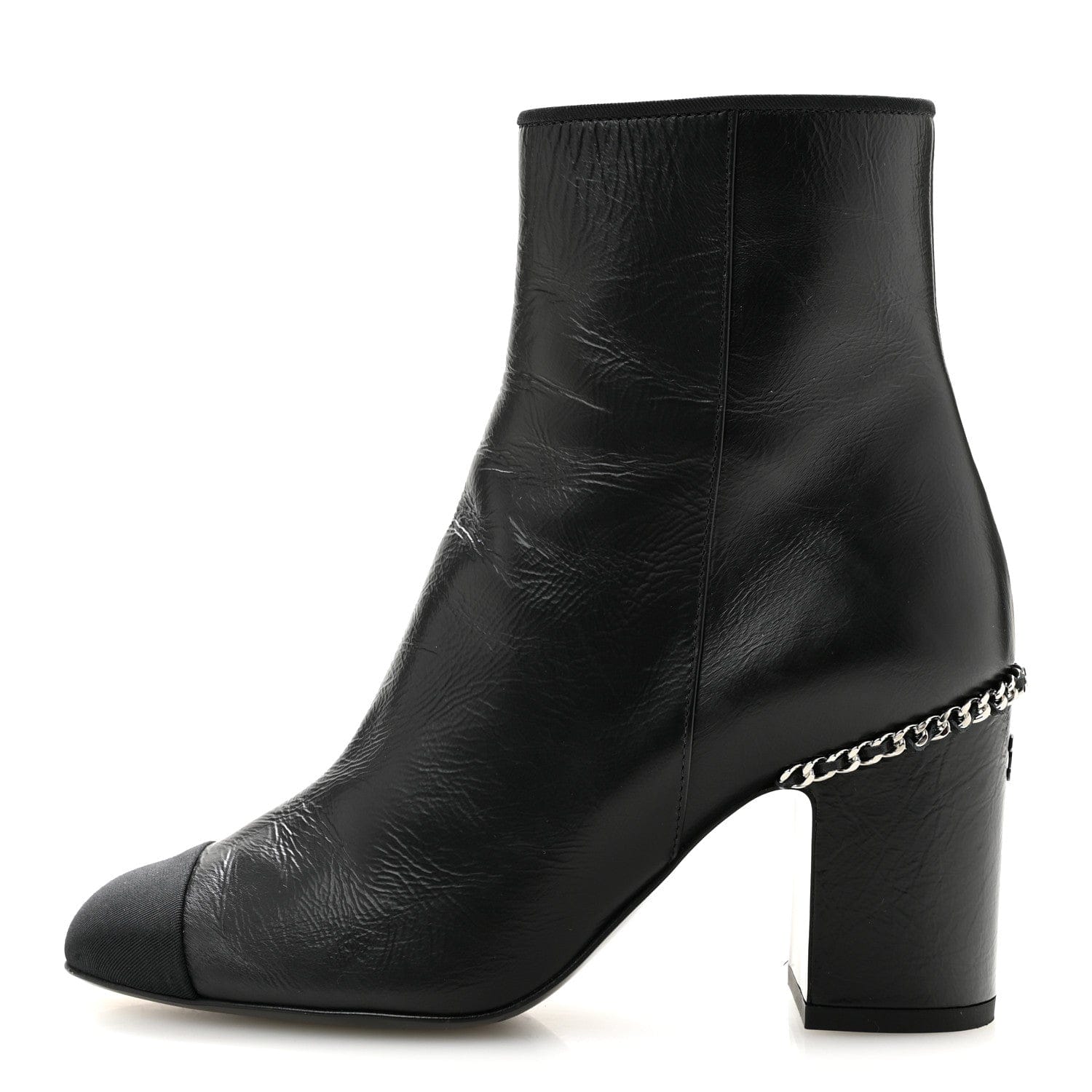 Chanel Crumpled Calfskin Cap Toe Chain Short Boots 35 Black