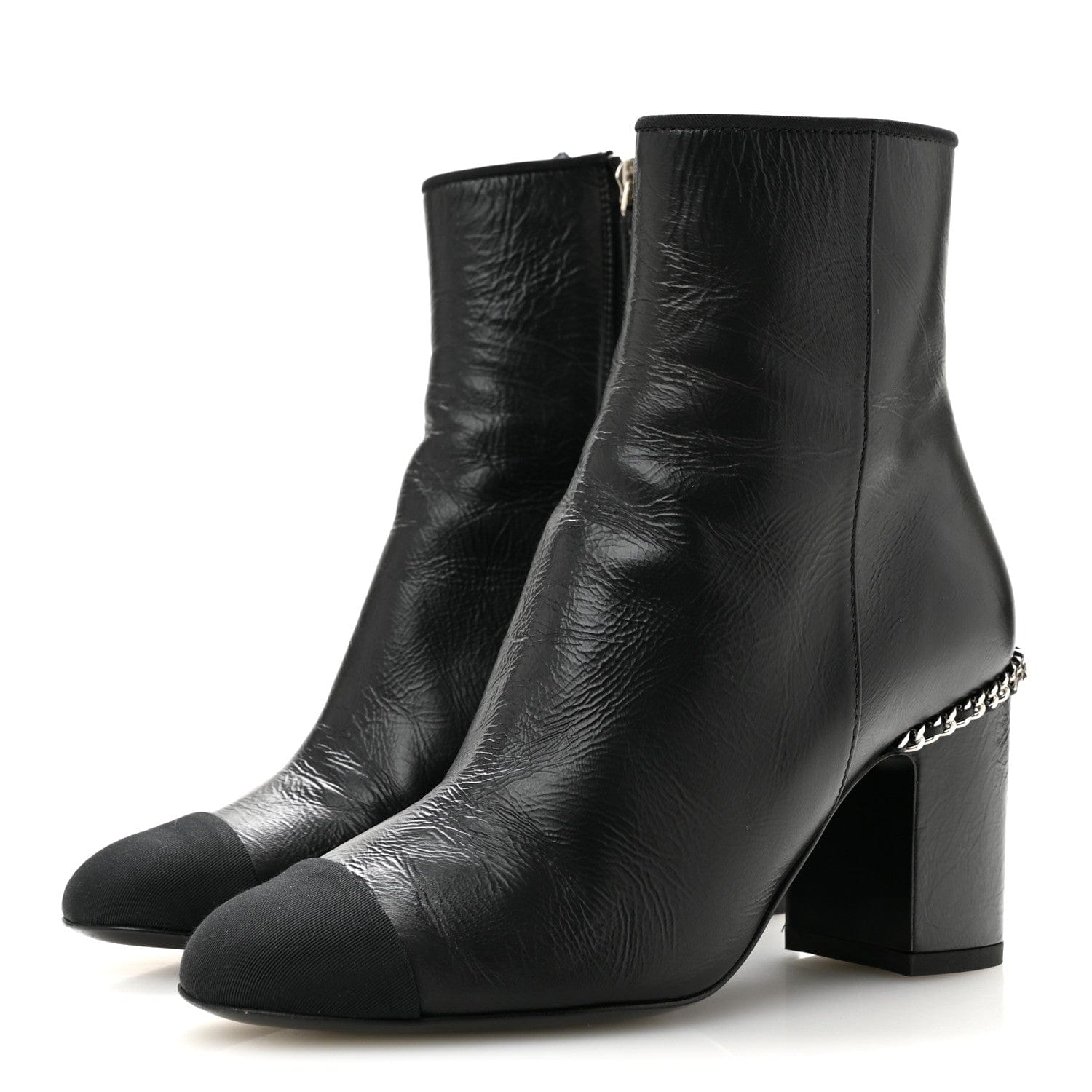 Chanel Crumpled Calfskin Cap Toe Chain Short Boots 35 Black