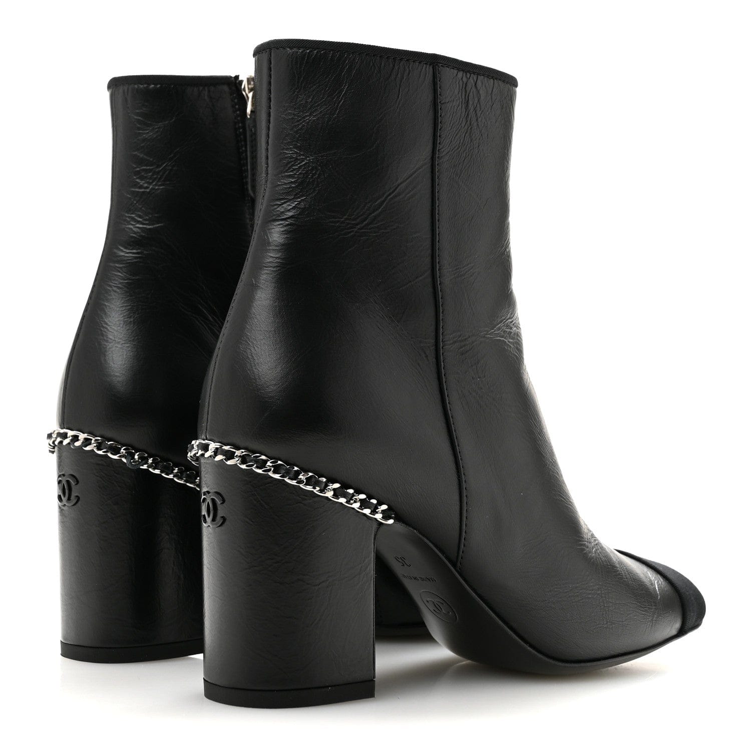 Chanel Crumpled Calfskin Cap Toe Chain Short Boots 35 Black