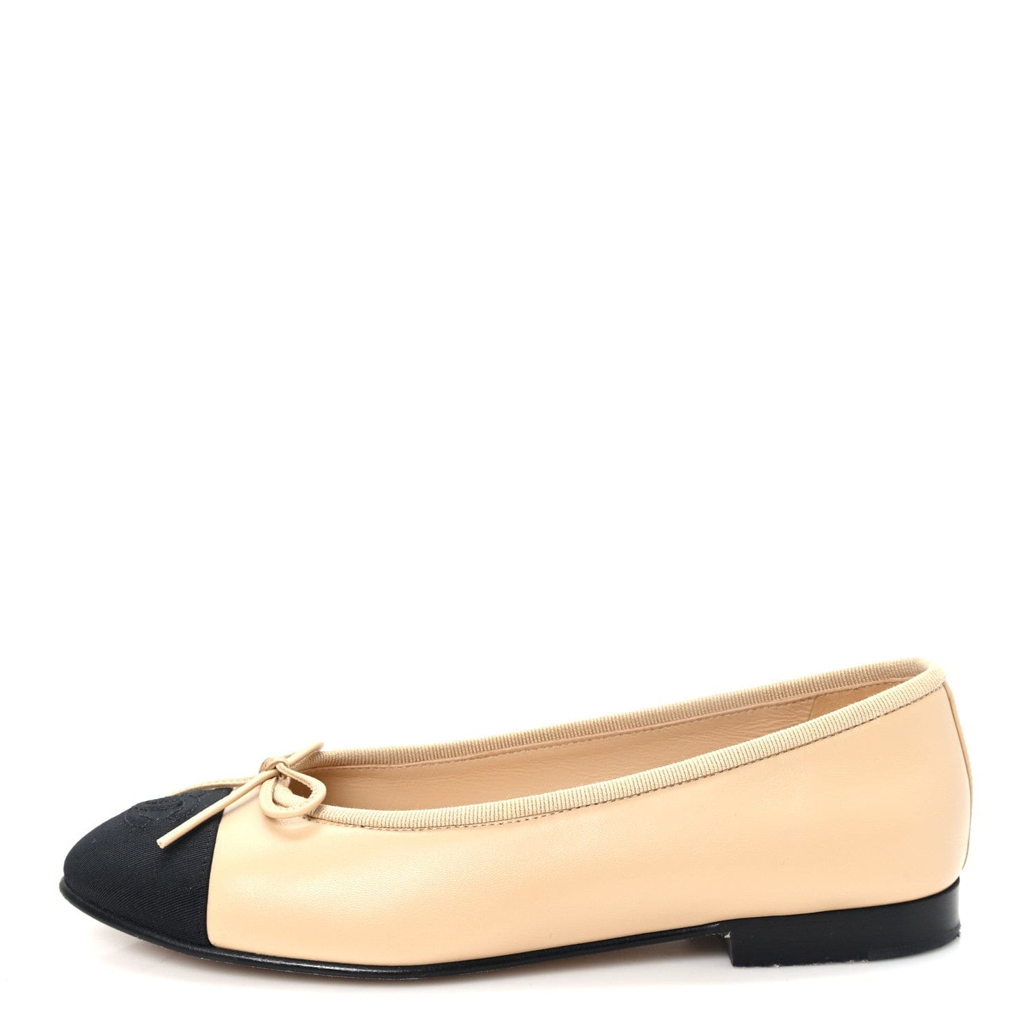Chanel Lambskin Grosgrain Cap Toe CC Ballerina Flats 36 Beige Black