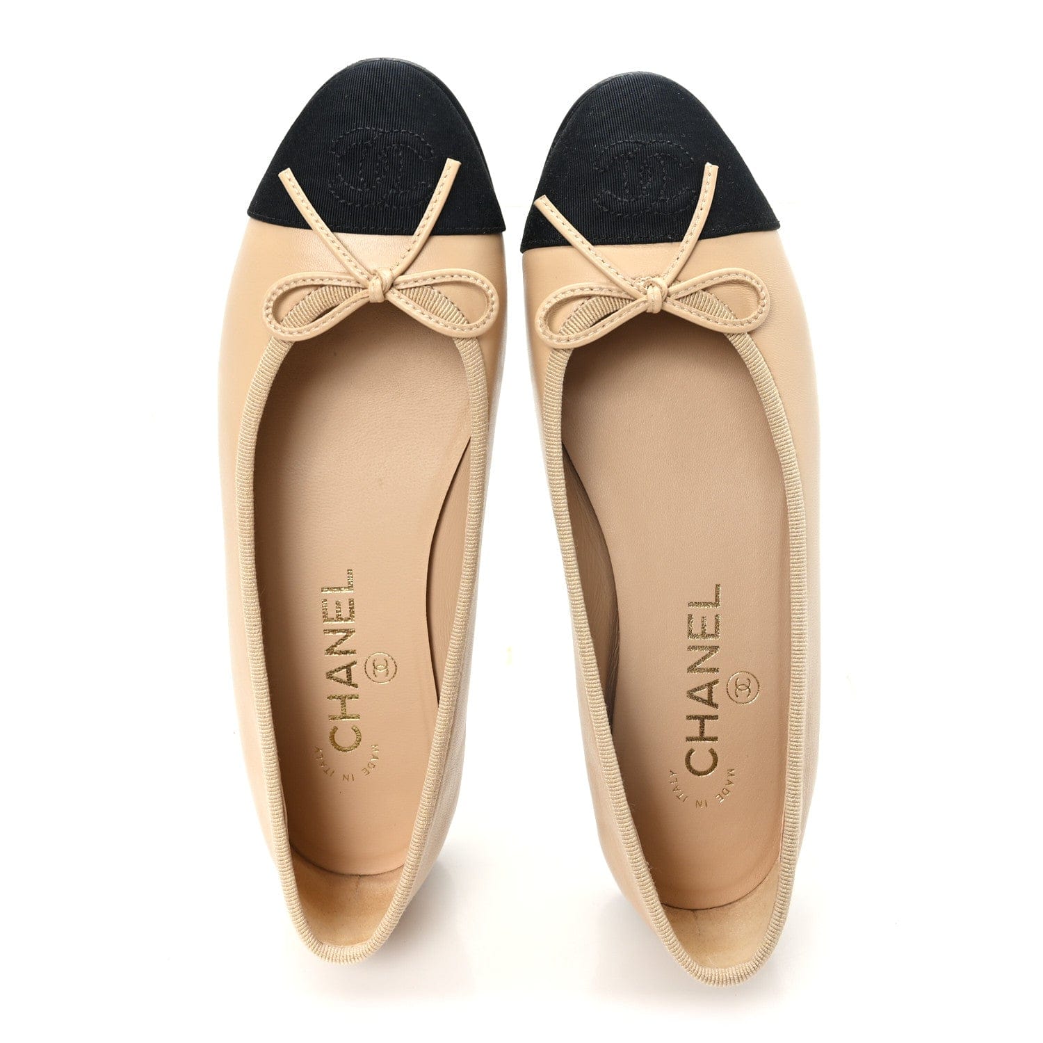 Chanel Lambskin Grosgrain Cap Toe CC Ballerina Flats 36 Beige Black
