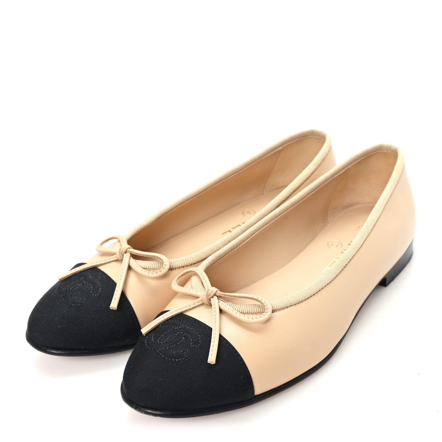 Chanel Lambskin Grosgrain Cap Toe CC Ballerina Flats 36 Beige Black