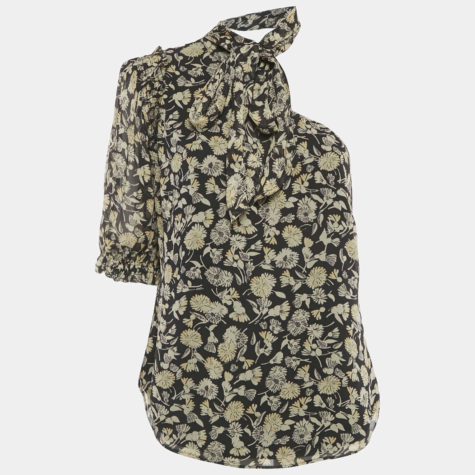 Polo Ralph Lauren Black Floral Print Chiffon One - Shoulder Top