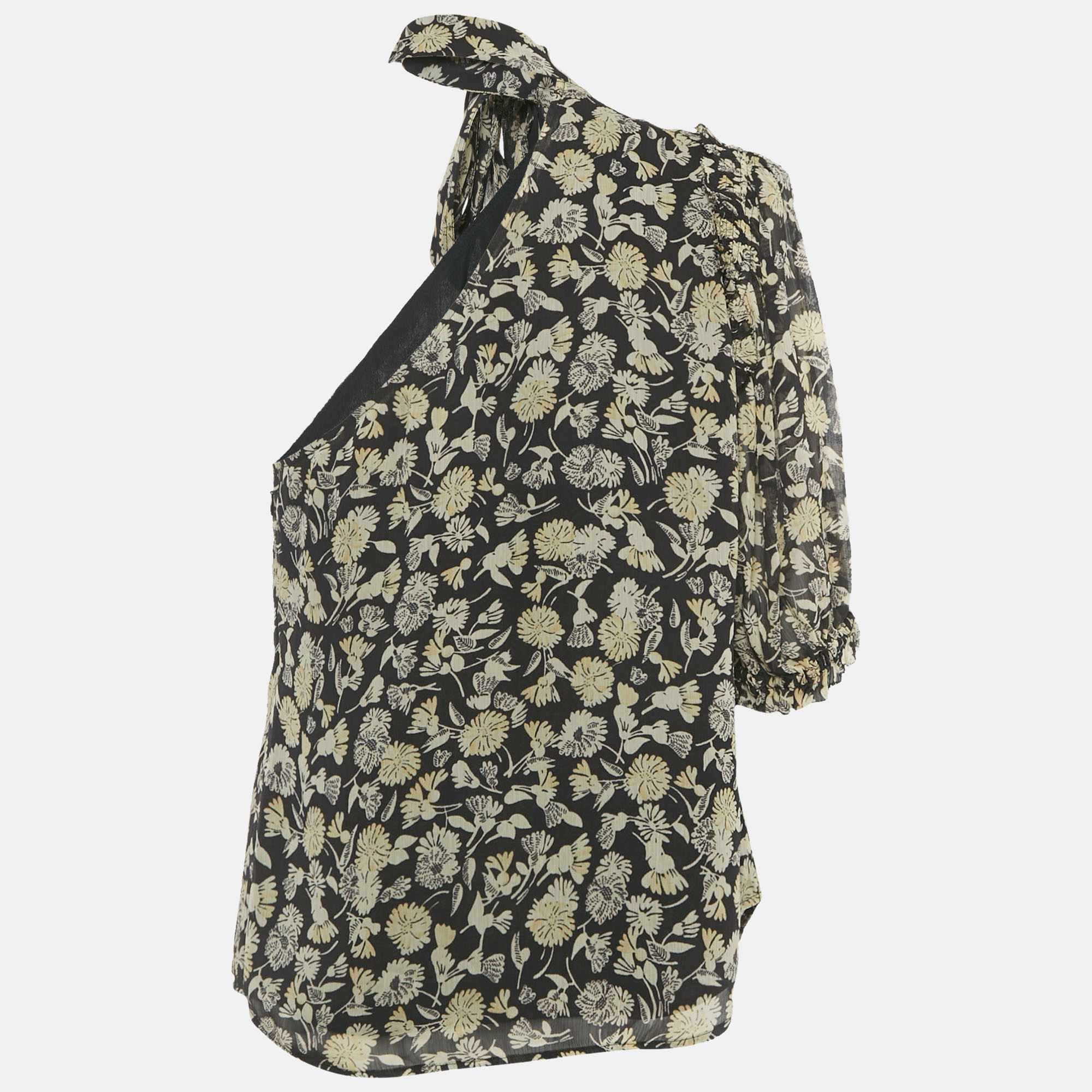 Polo Ralph Lauren Black Floral Print Chiffon One - Shoulder Top