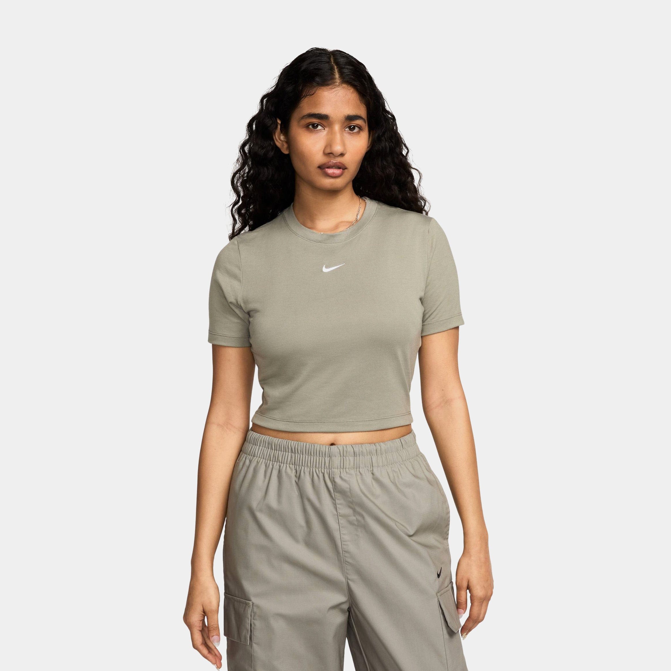 Nike NSW Essential Slim Fit Crop Womens Short Sleeve Shirt (Green/White)