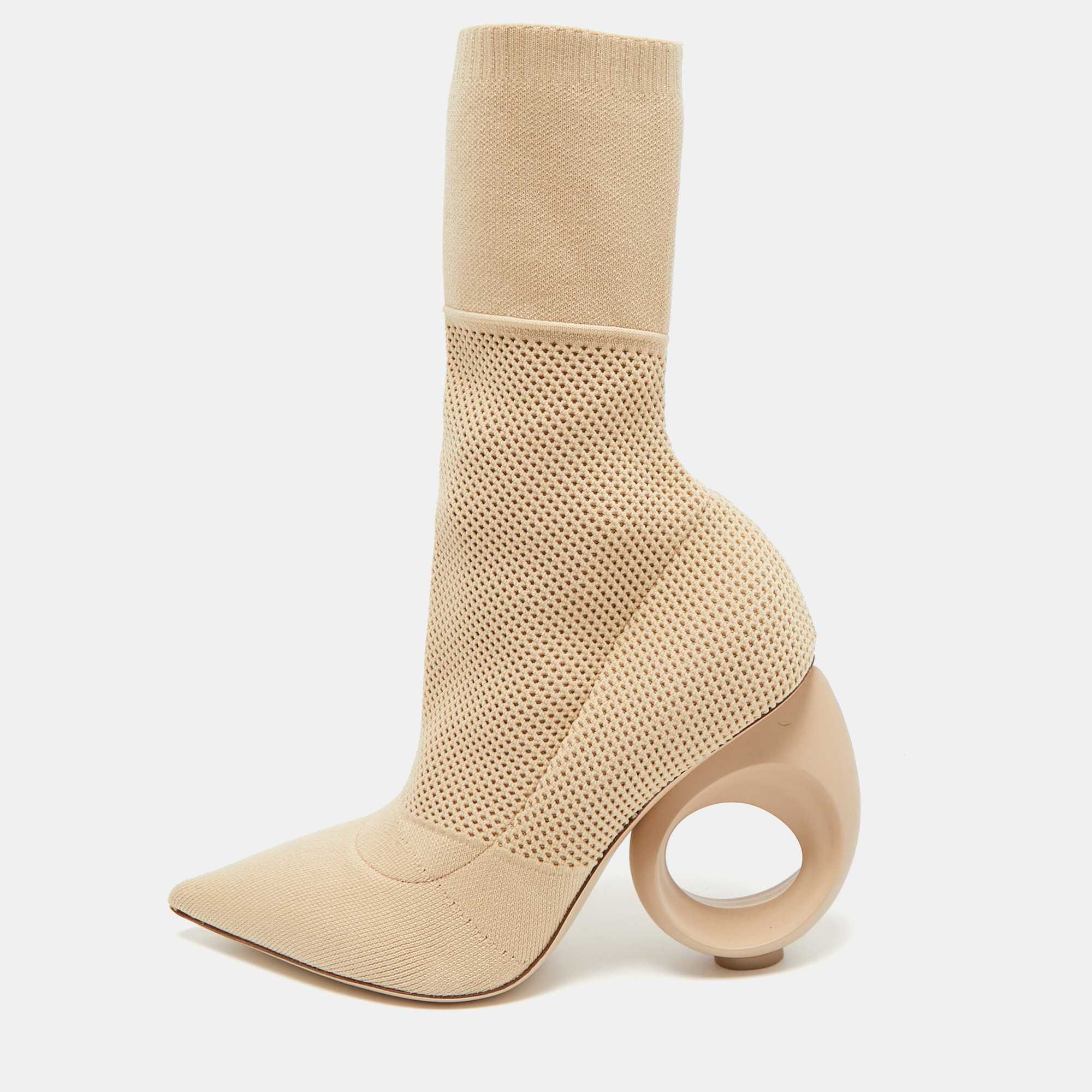 Burberry Beige Knit Fabric Sculpted Heel Ankle Length Boots