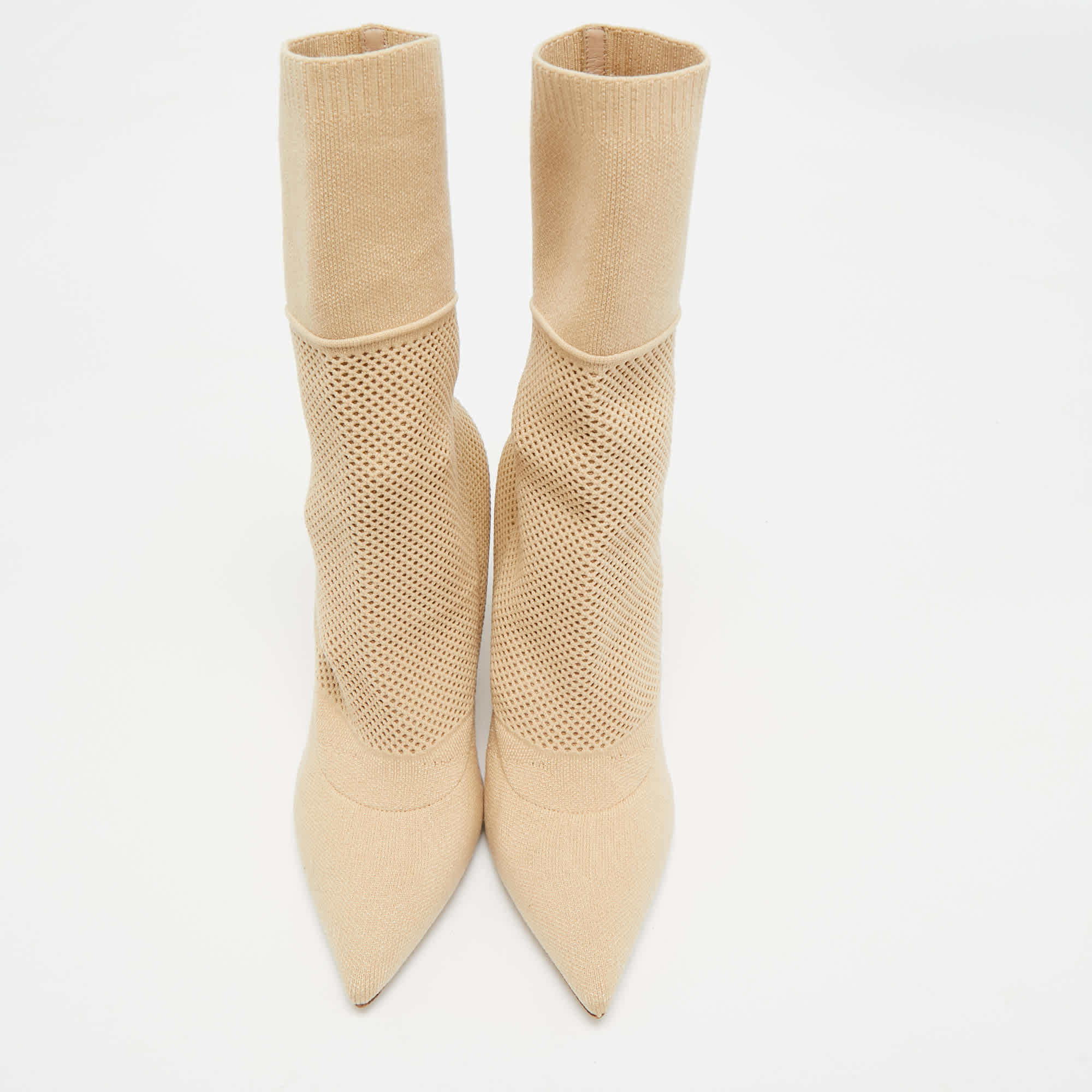 Burberry Beige Knit Fabric Sculpted Heel Ankle Length Boots