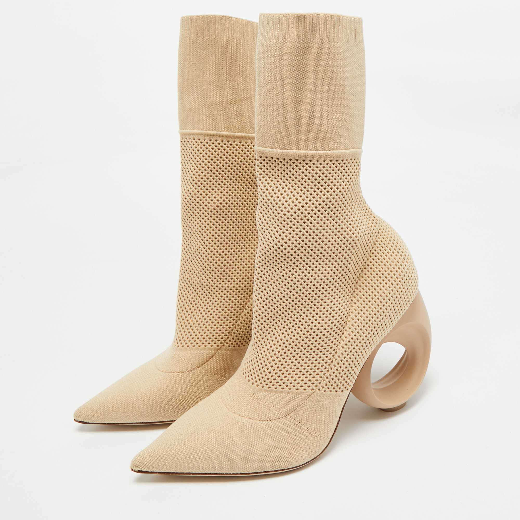 Burberry Beige Knit Fabric Sculpted Heel Ankle Length Boots