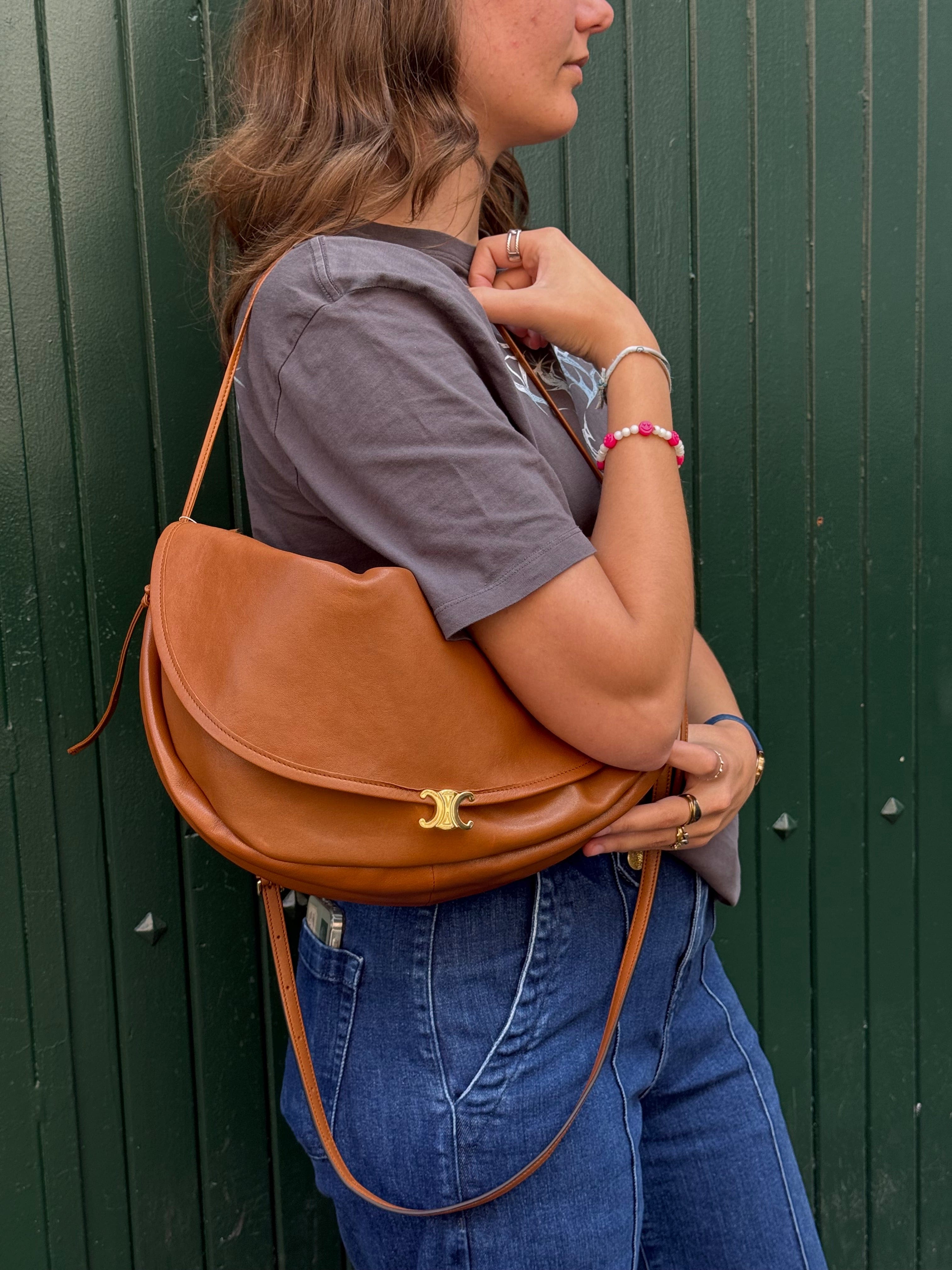 Celine Tan Leather Halfmoon Soft Triomphe Shoulder Bag
