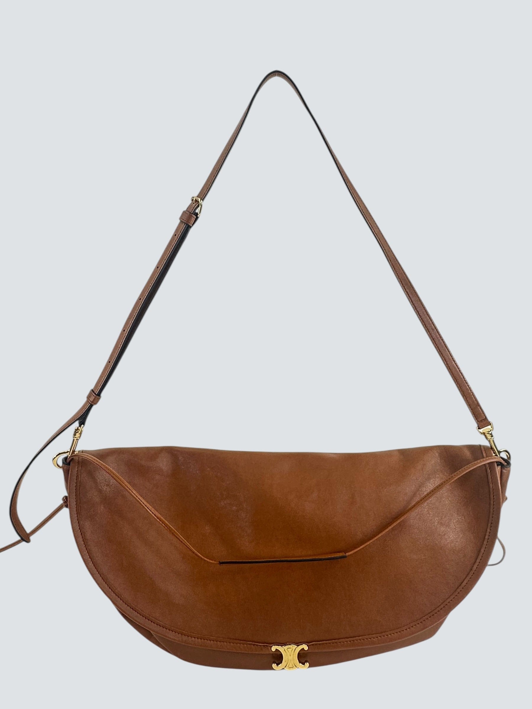 Celine Tan Leather Halfmoon Soft Triomphe Shoulder Bag