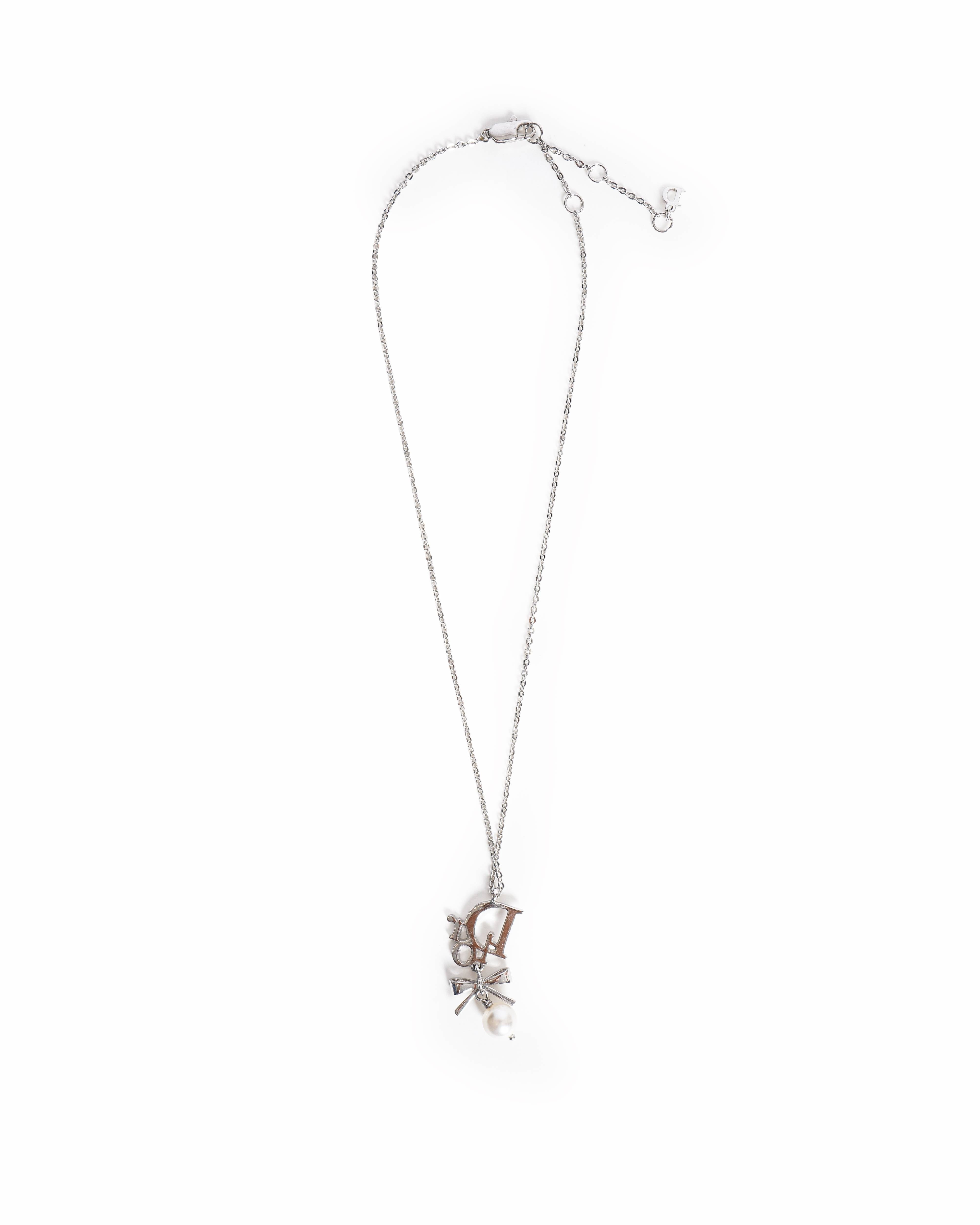 Dior Christian Dior Crystal Pearl Dior Logo Necklace Silver, Made In Germany