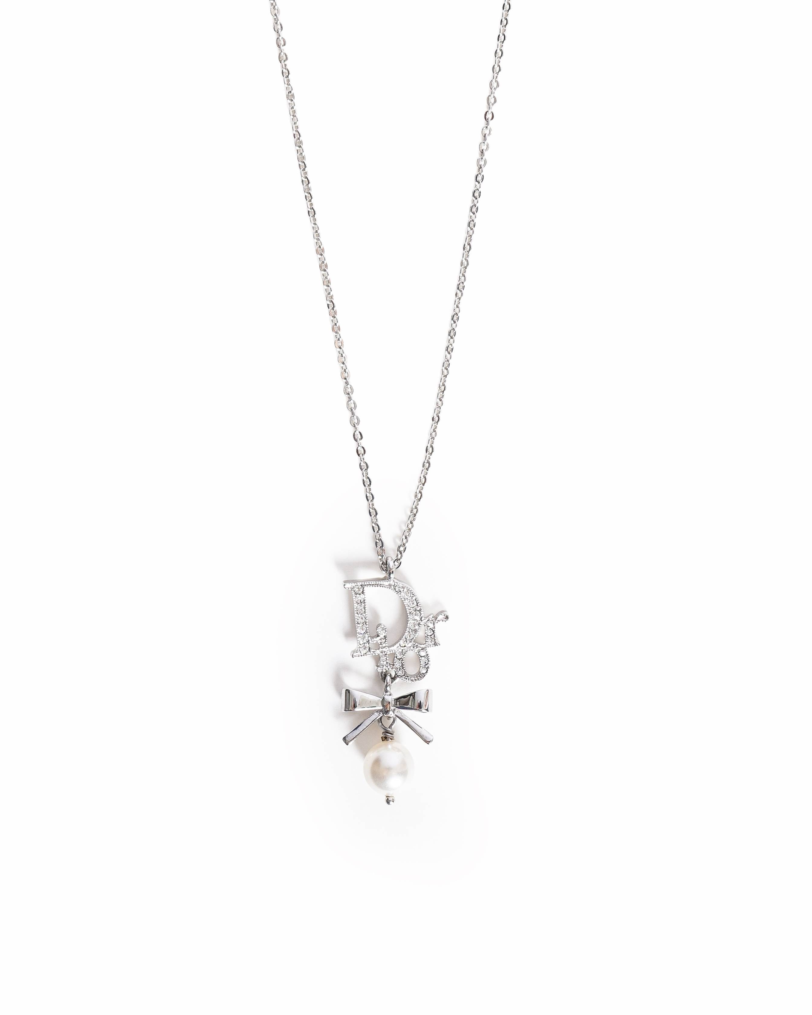 Dior Christian Dior Crystal Pearl Dior Logo Necklace Silver, Made In Germany