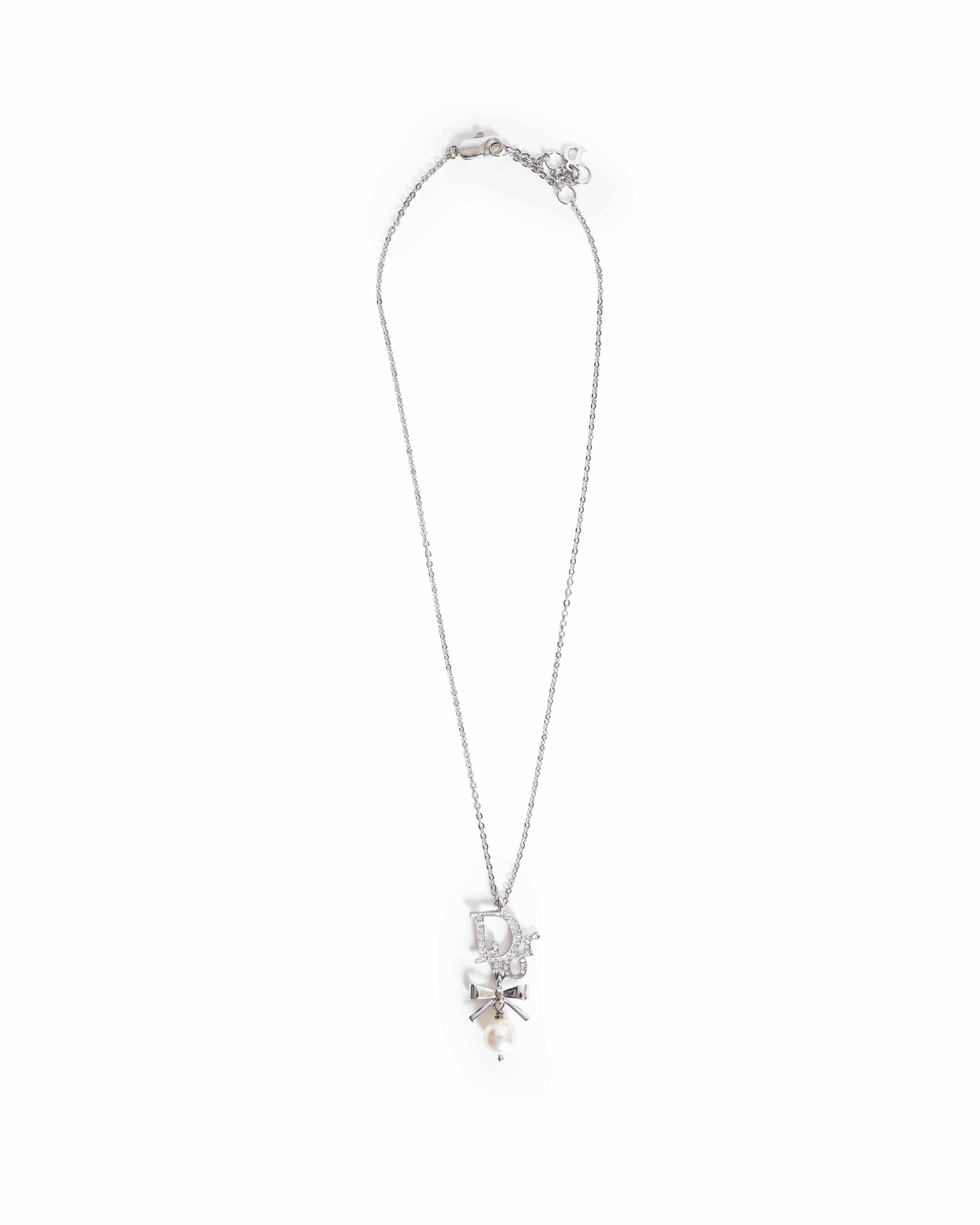 Dior Christian Dior Crystal Pearl Dior Logo Necklace Silver, Made In Germany
