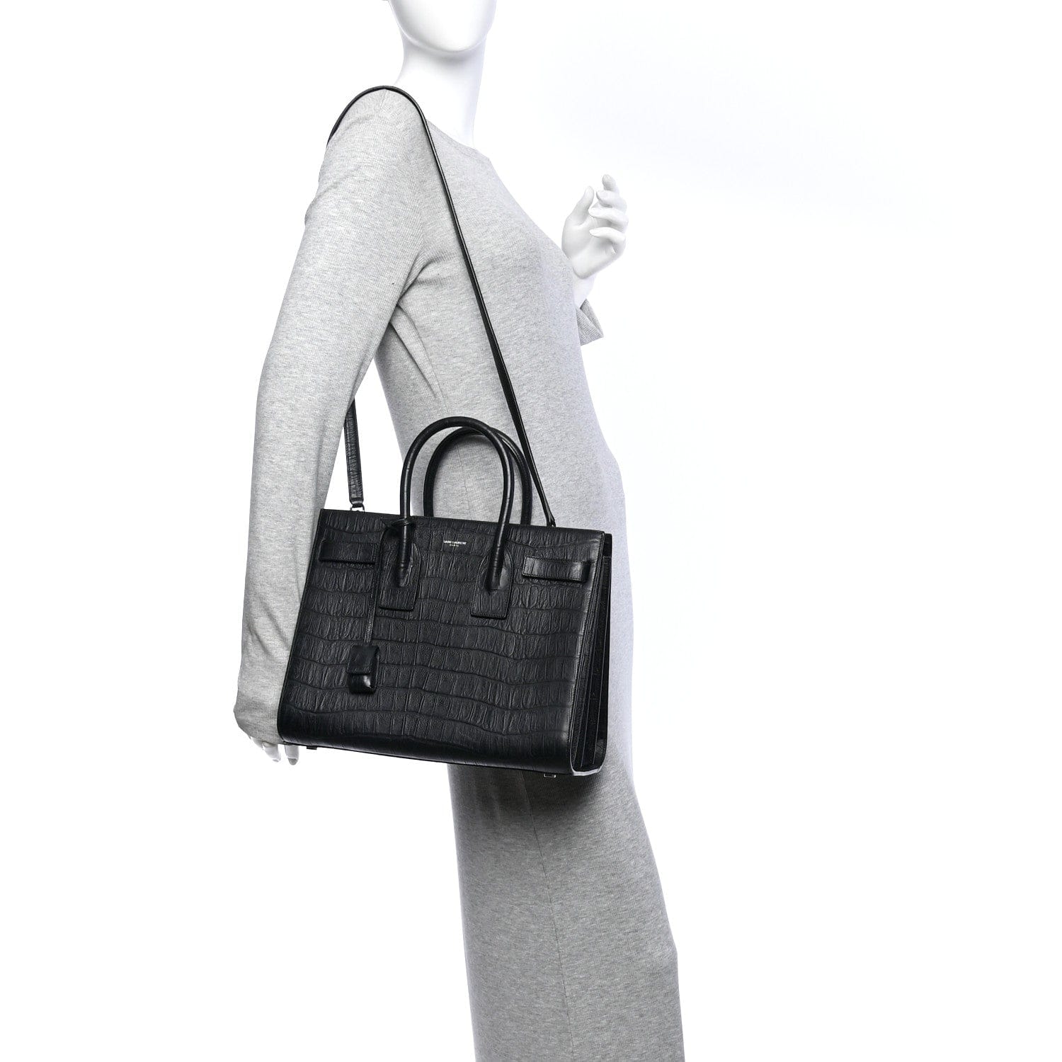 Saint Laurent Calfskin Crocodile Embossed Small Sac de Jour Black