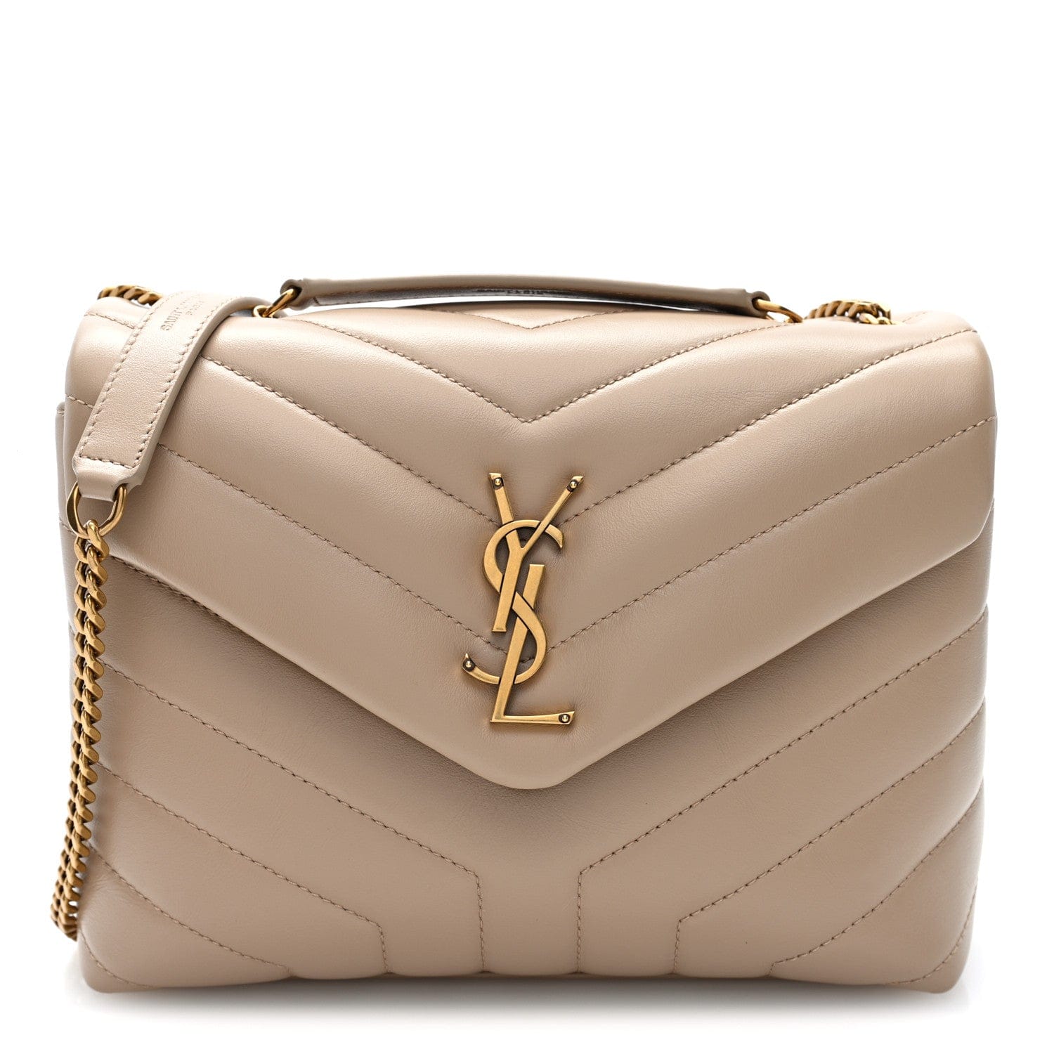 Saint Laurent Calfskin Y Quilted Monogram Small Loulou Chain Satchel Dark Beige