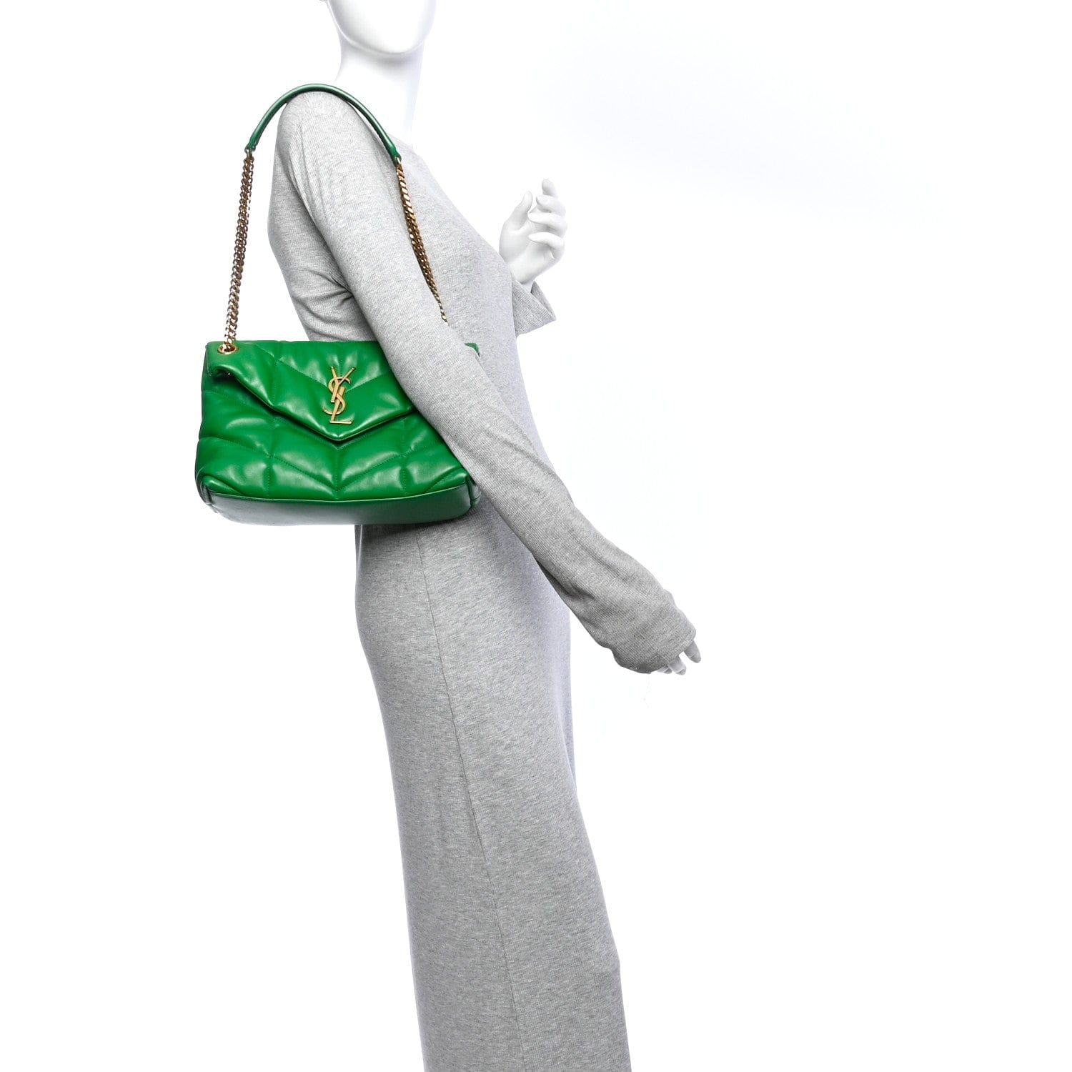 Saint Laurent Lambskin Quilted Small Loulou Puffer Monogram Chain Satchel New Vert