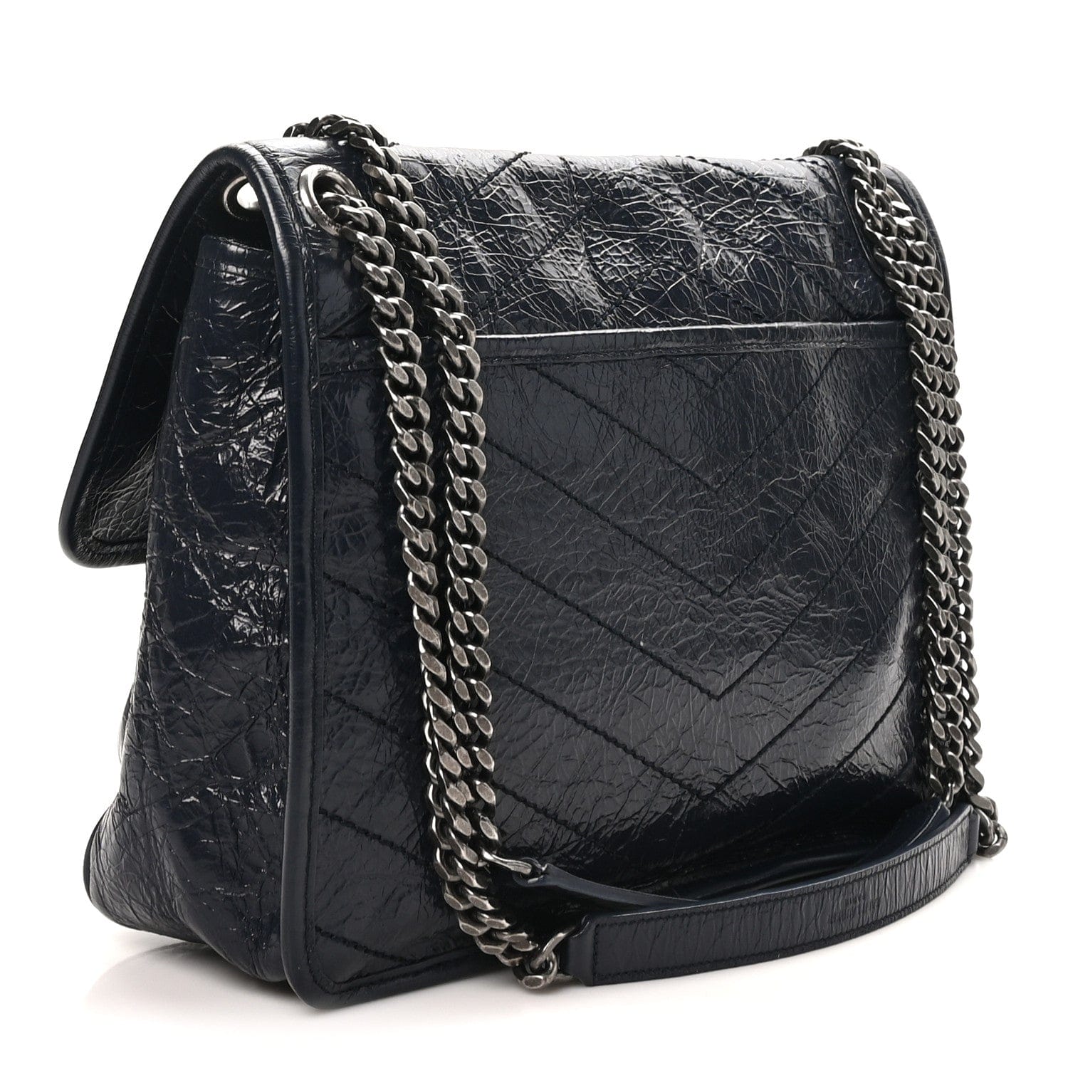 Saint Laurent Crinkled Calfskin Matelasse Monogram Medium Niki Chain Satchel Deep Marine