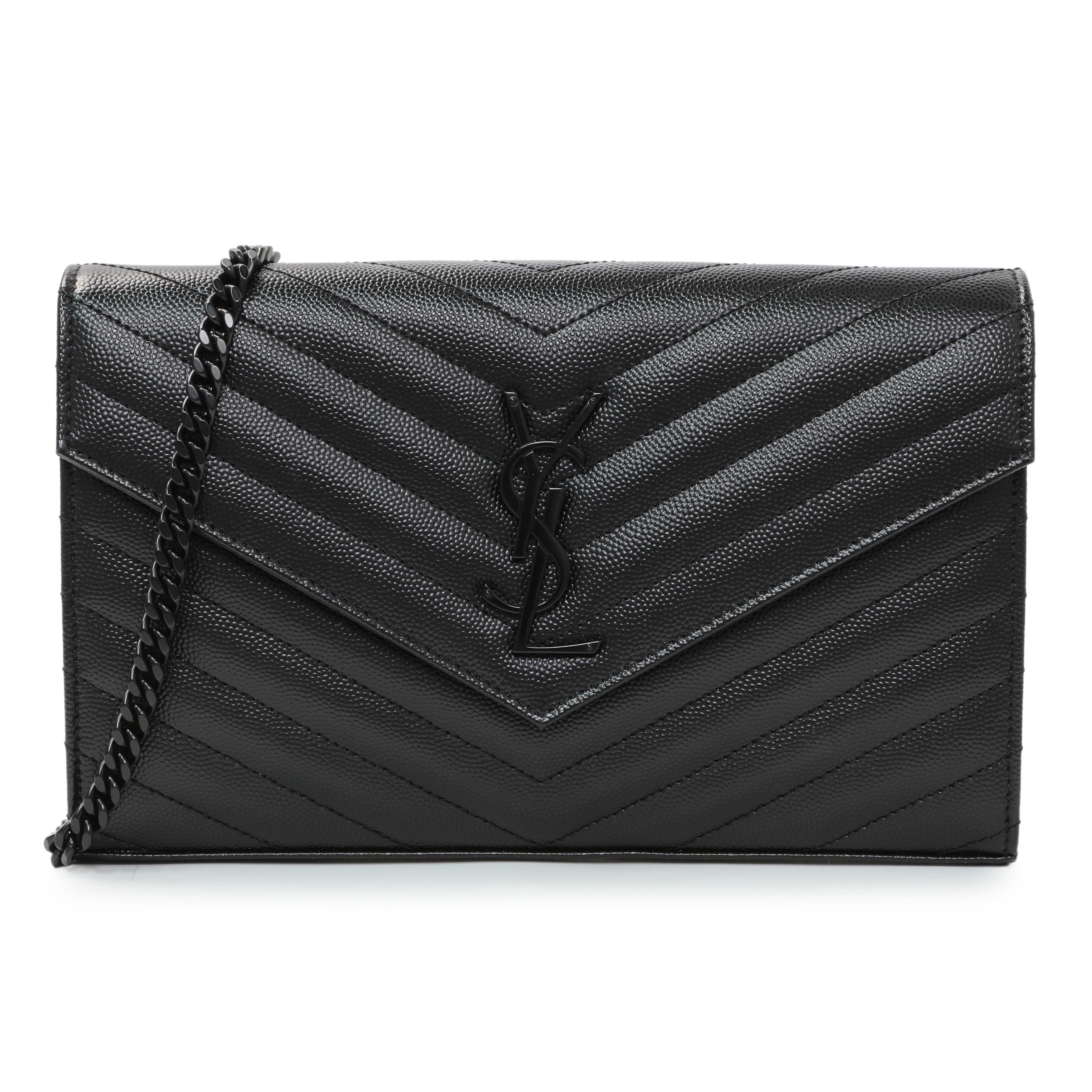 Saint Laurent Black Grain De Poudre Matelasse Chevron Monogram Chain Wallet