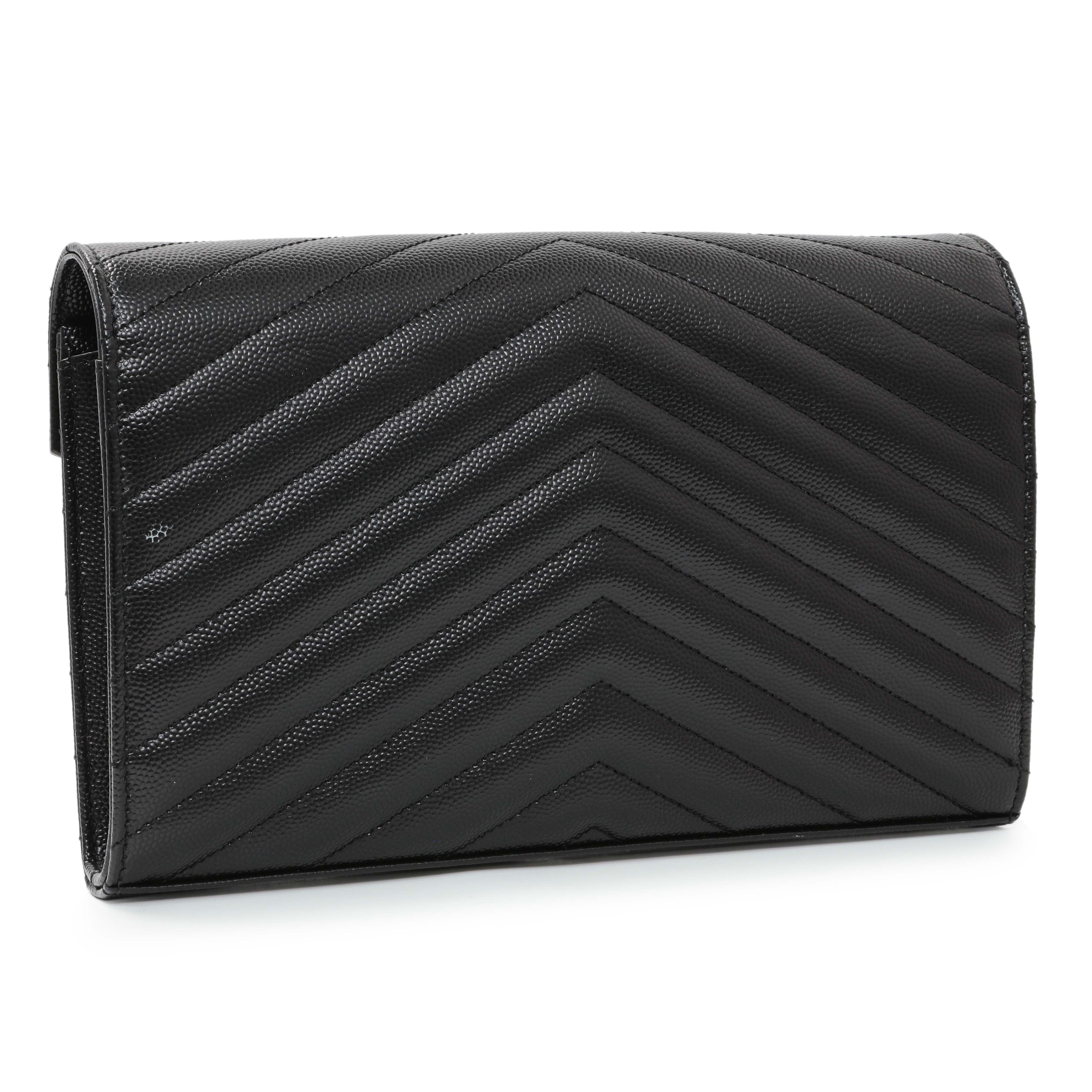 Saint Laurent Black Grain De Poudre Matelasse Chevron Monogram Chain Wallet