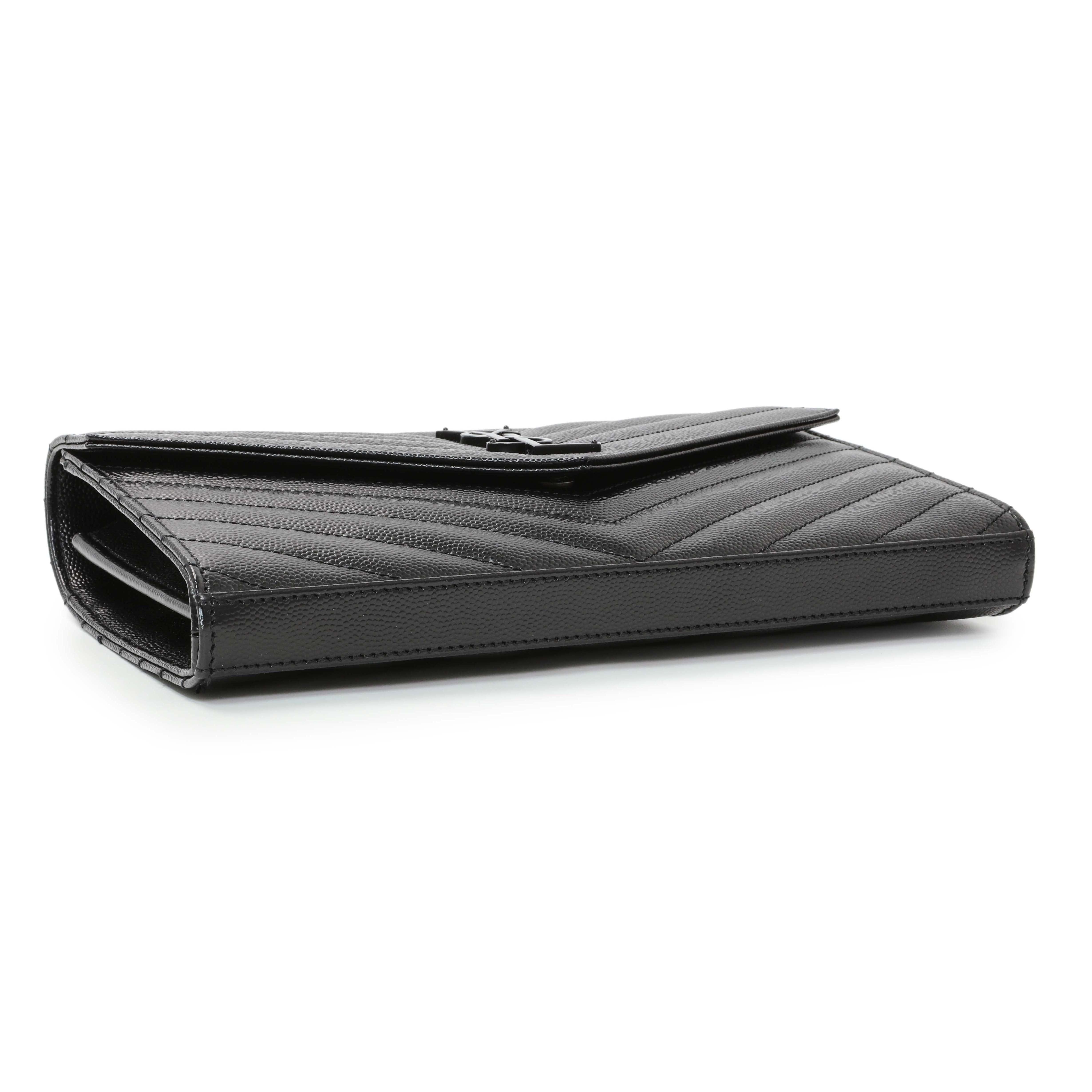 Saint Laurent Black Grain De Poudre Matelasse Chevron Monogram Chain Wallet