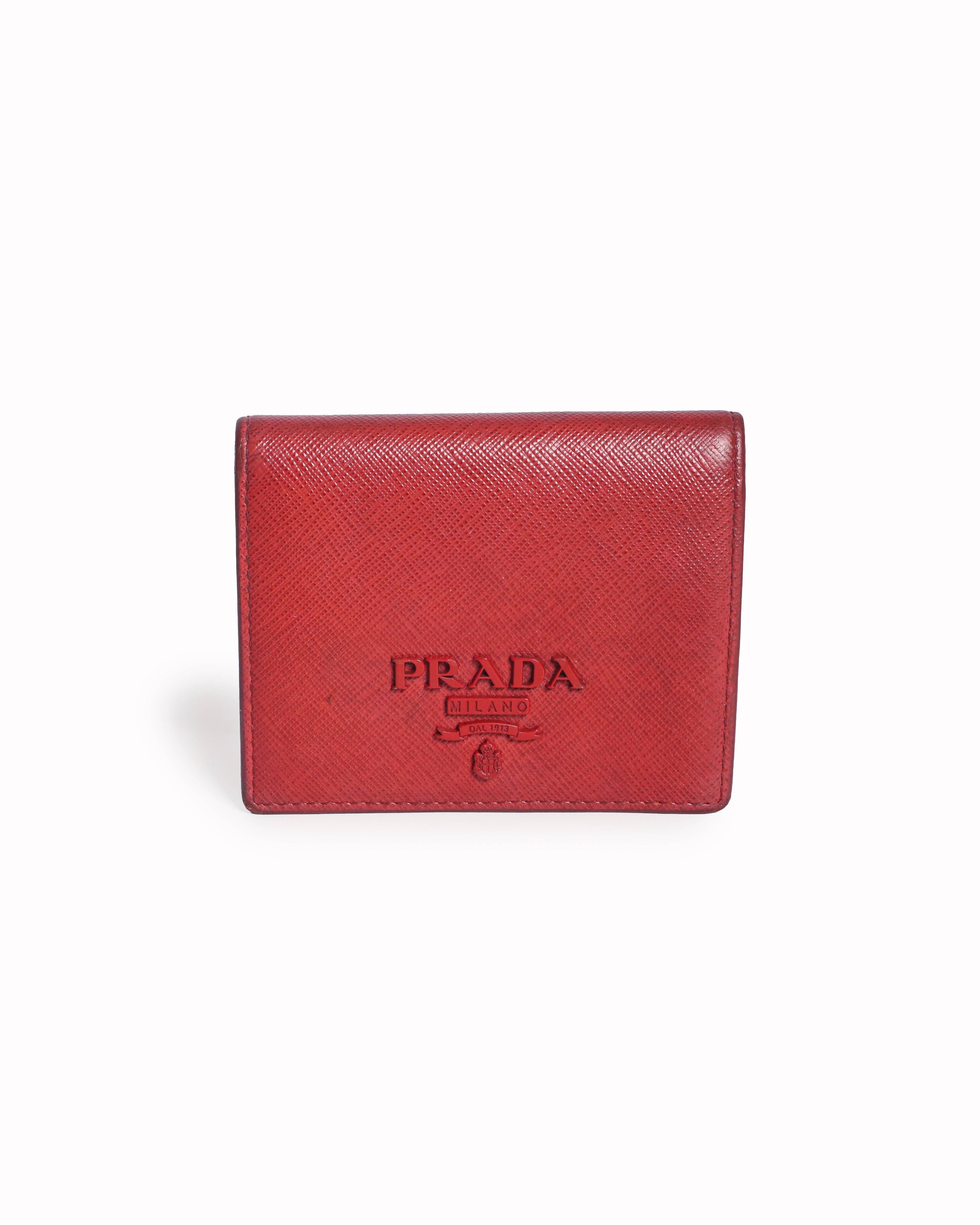 Prada Red Saffiano Leather Tonal Logo Bi - Fold Wallet
