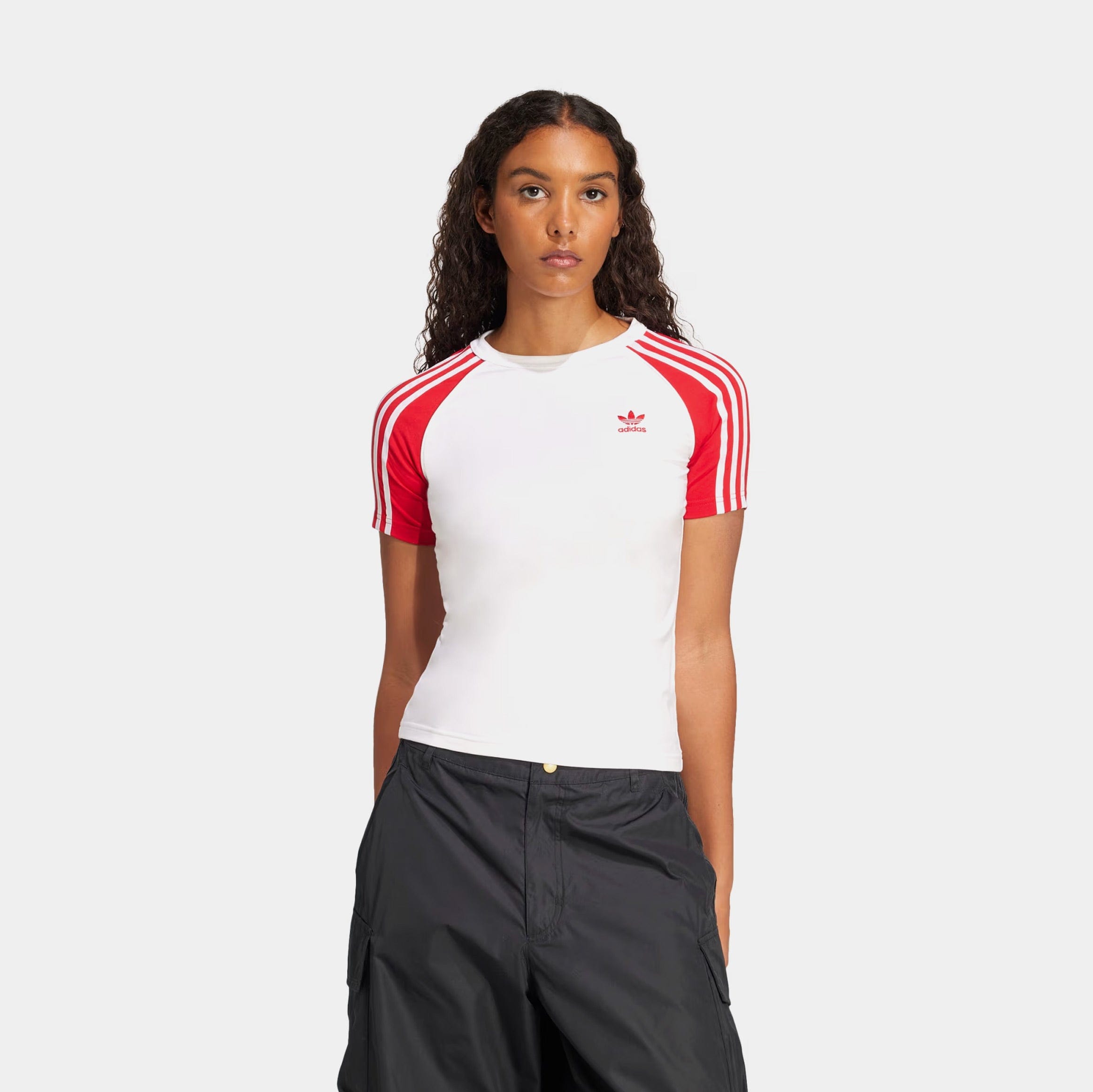 adidas Adicolor 3 Stripes Raglan Slim Womens Short Sleeve Shirt (White/Red)