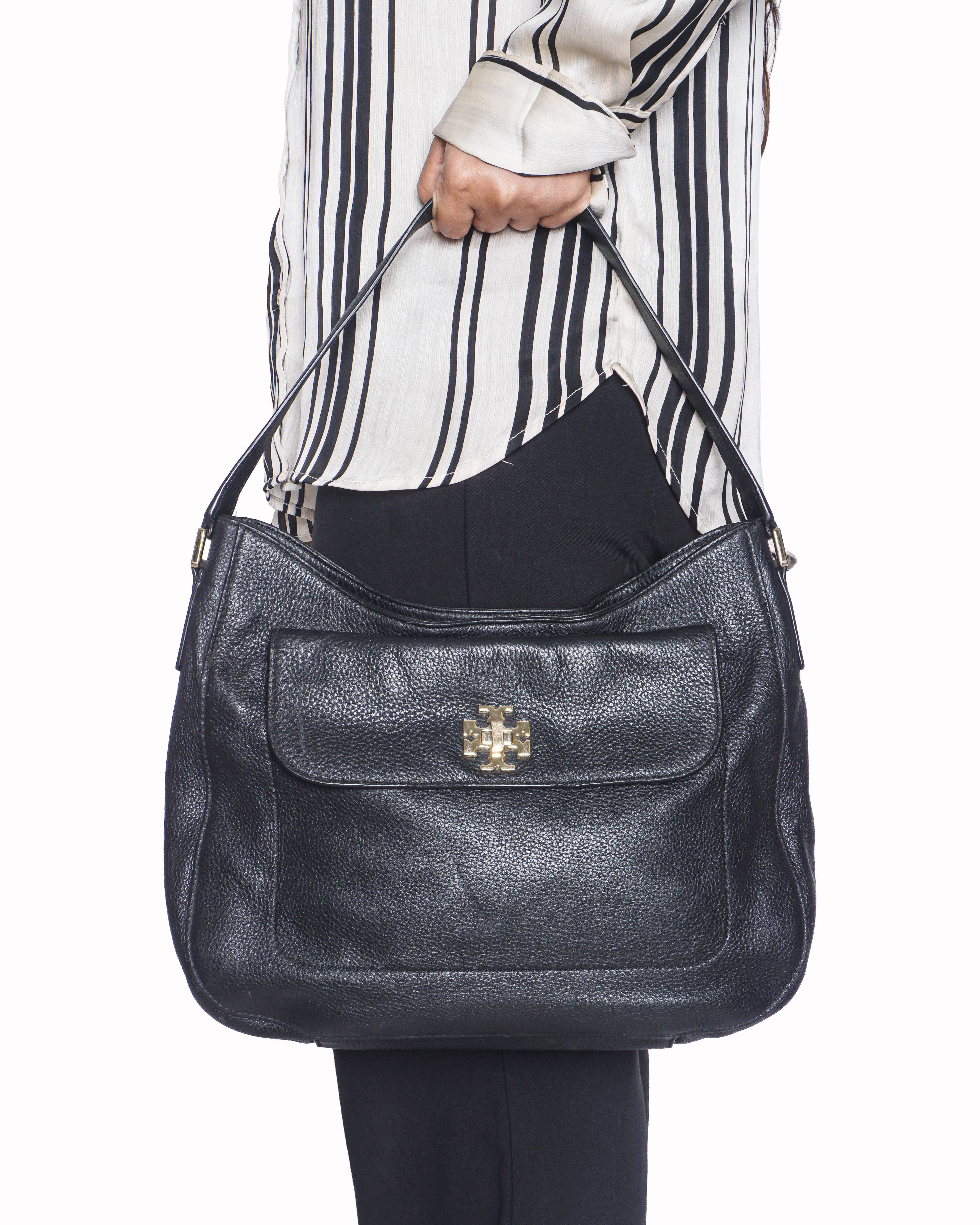Tory Burch Black Pebbled Leather Mercer Hobo Bag