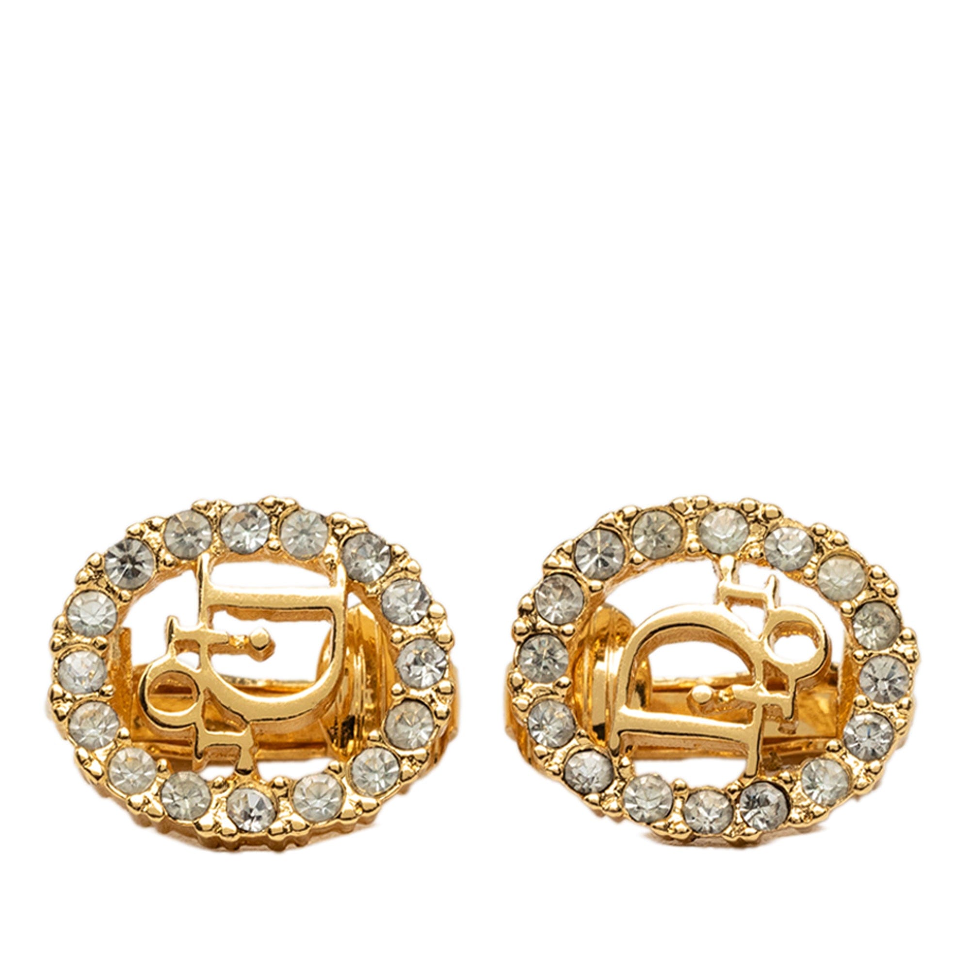 Dior Gold Plated Strass Logo Clip On Earrings