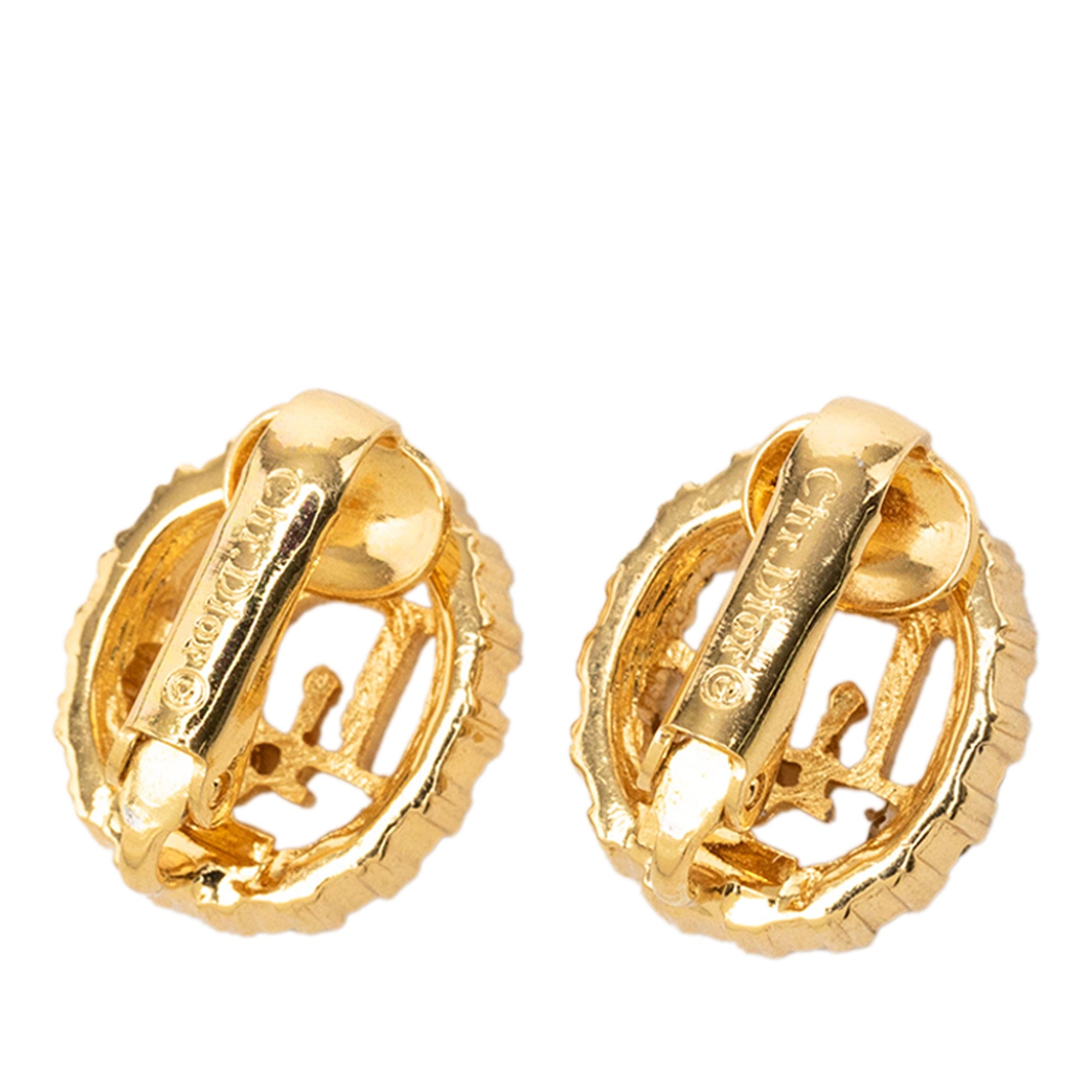 Dior Gold Plated Strass Logo Clip On Earrings