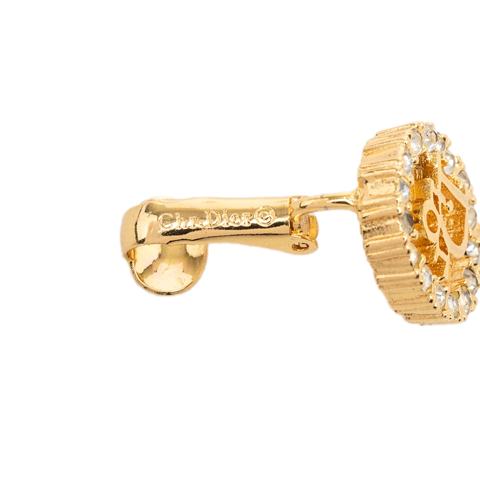 Dior Gold Plated Strass Logo Clip On Earrings