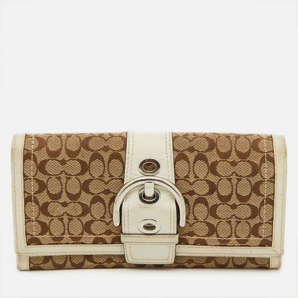 Coach Beige/white Signature Canvas And Leather Buckle Detail Continental Wallet