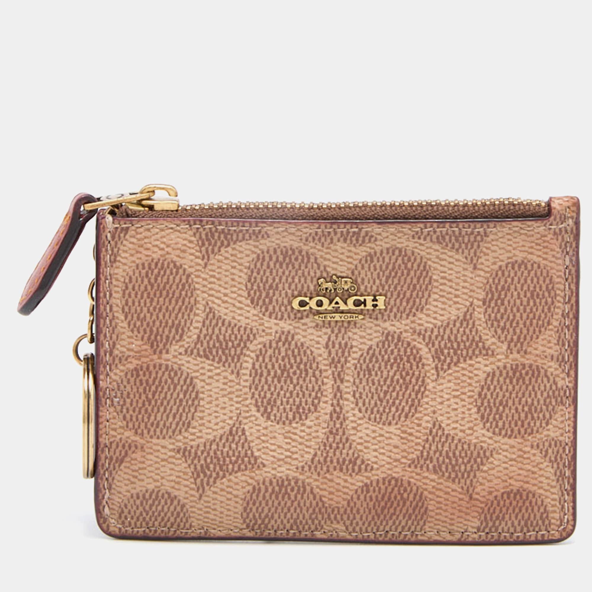 Coach Beige/brown Signature Coated Canvas And Leather Zip Skinny Id Case