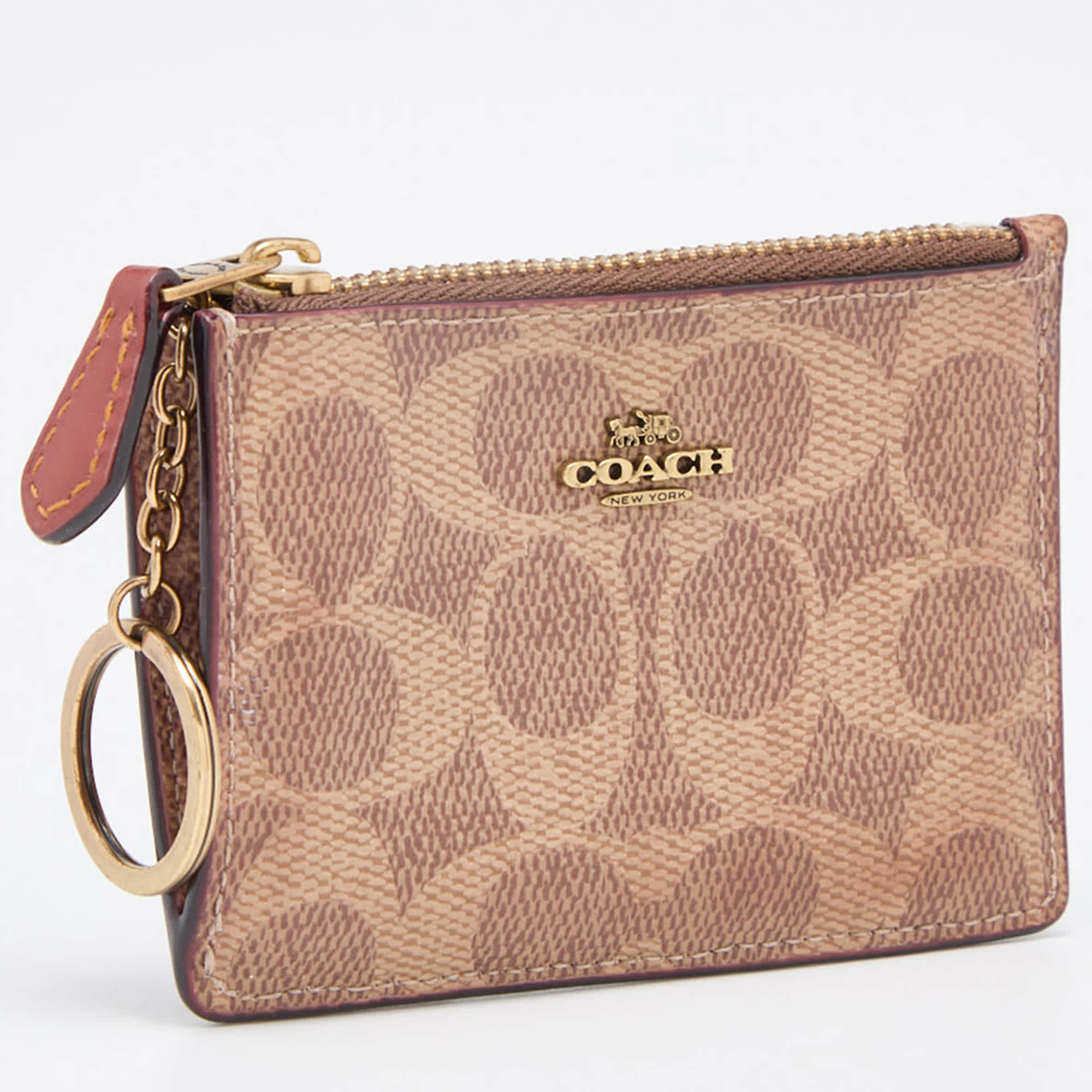 Coach Beige/brown Signature Coated Canvas And Leather Zip Skinny Id Case