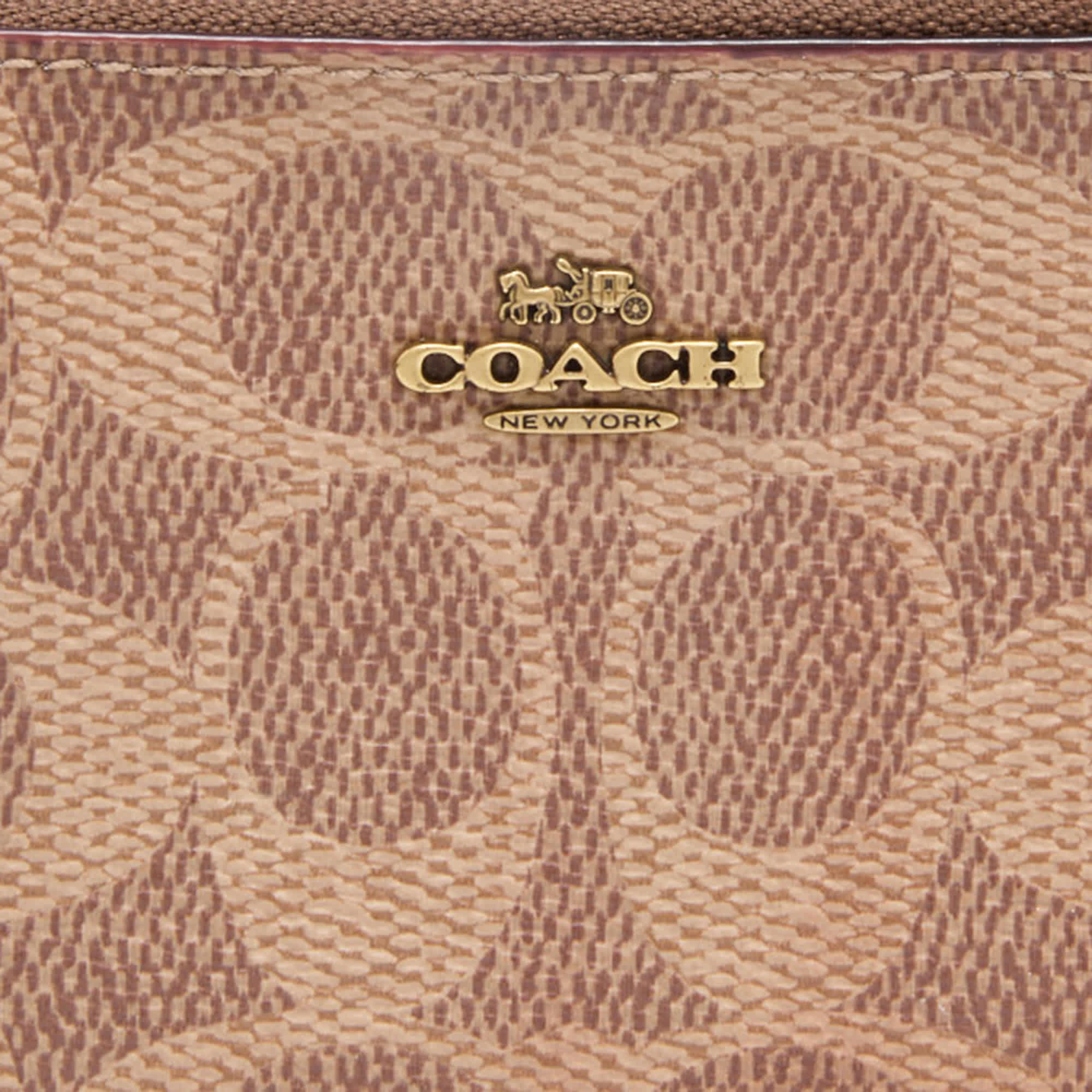 Coach Beige/brown Signature Coated Canvas And Leather Zip Skinny Id Case