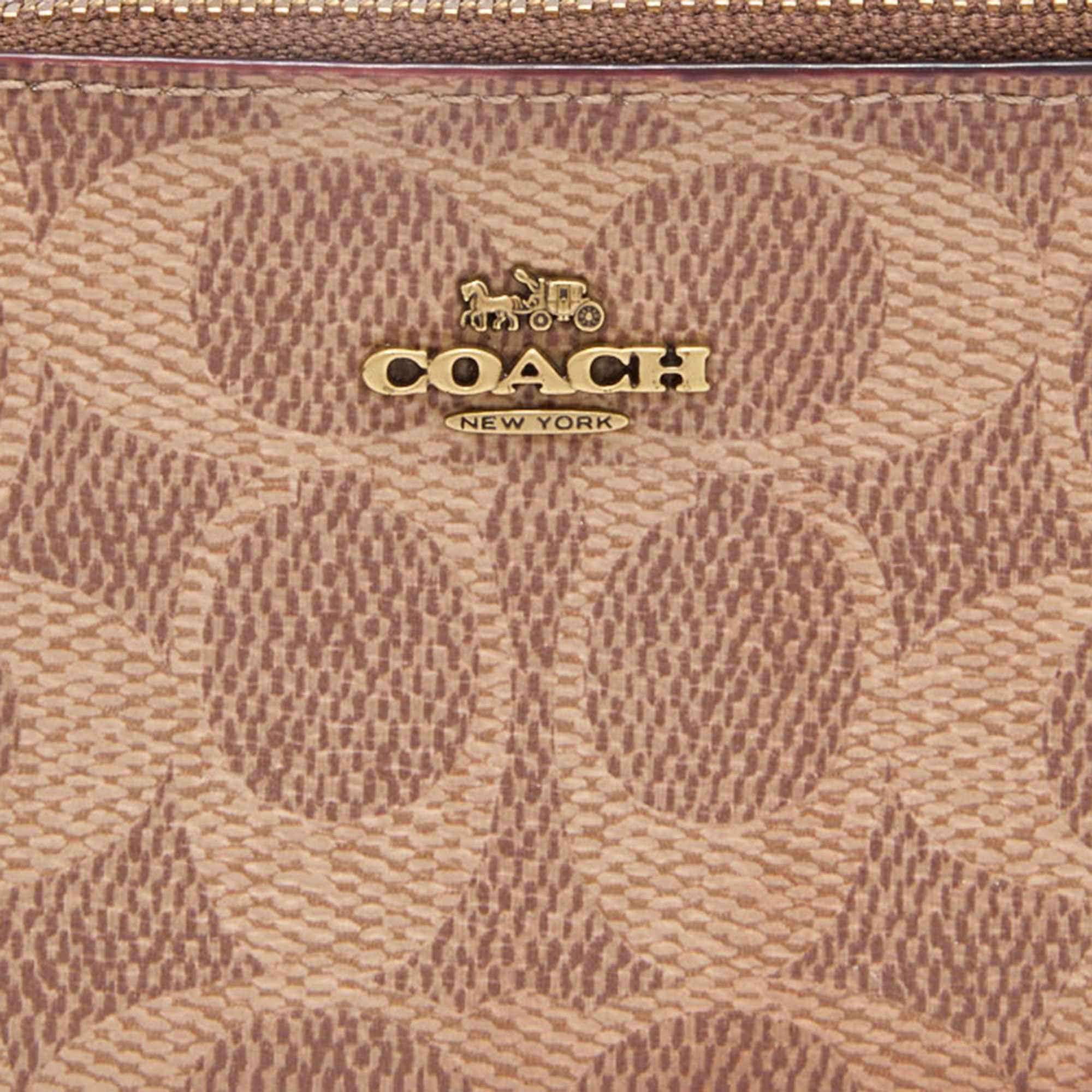Coach Beige/brown Signature Coated Canvas And Leather Zip Skinny Id Case