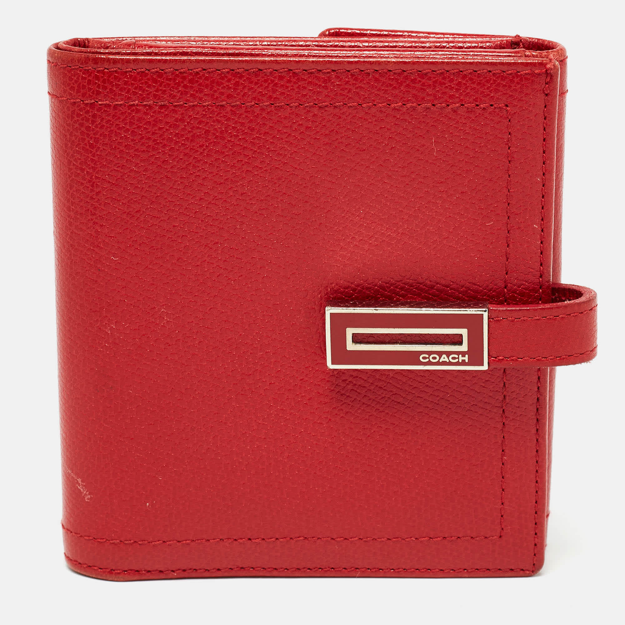 Coach Red Leather Metal Flap Compact Wallet