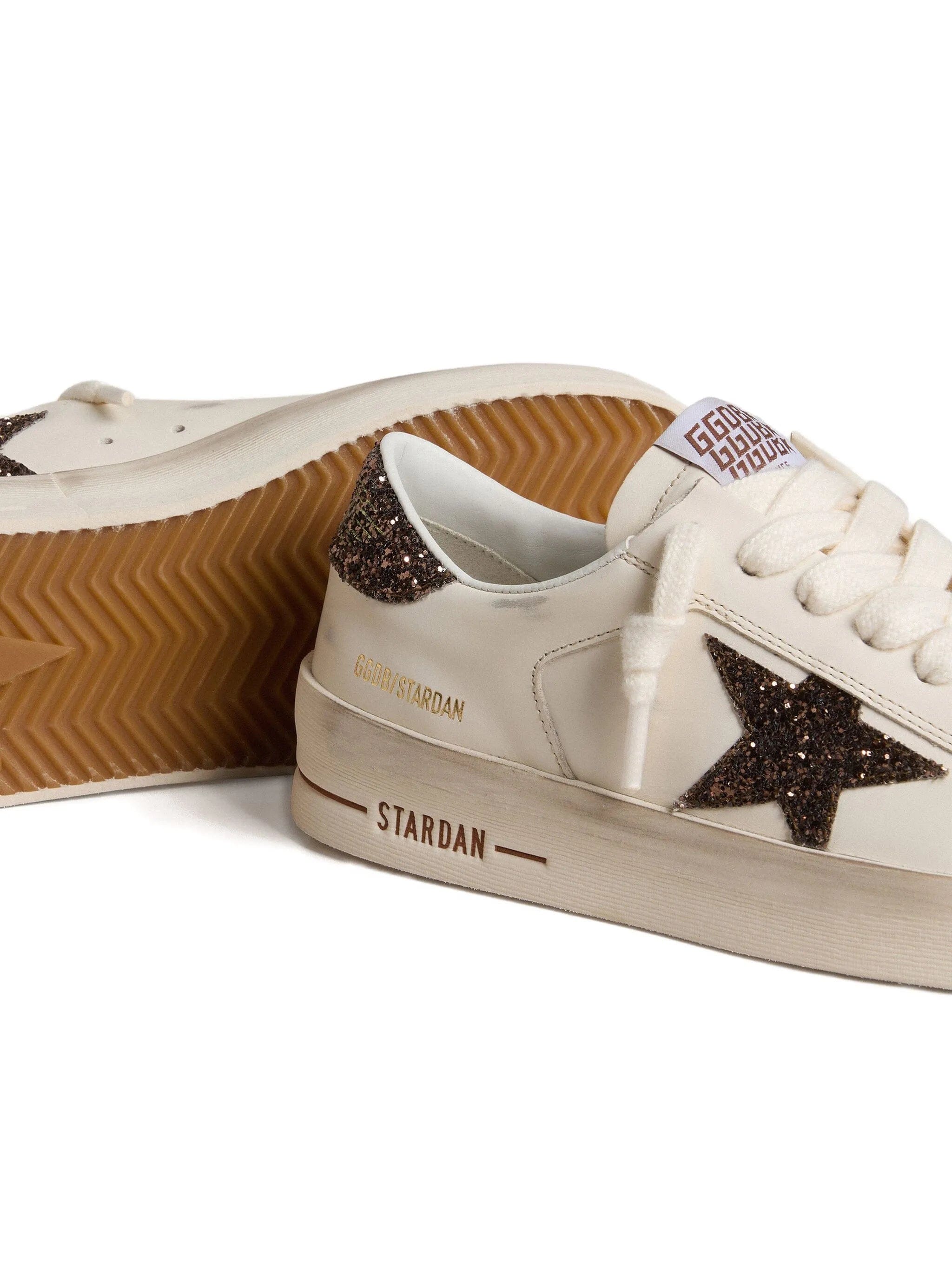 Golden Goose Stardan trainers in white leather with brown glitter star and heel tab