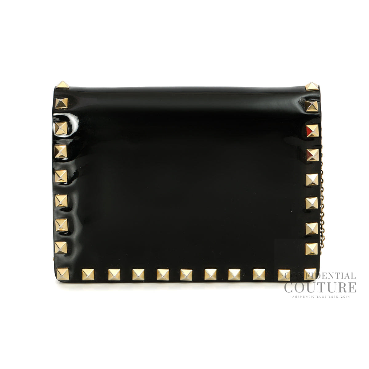 Valentino Garavani Black Patent Leather Rockstud Wallet On Chain