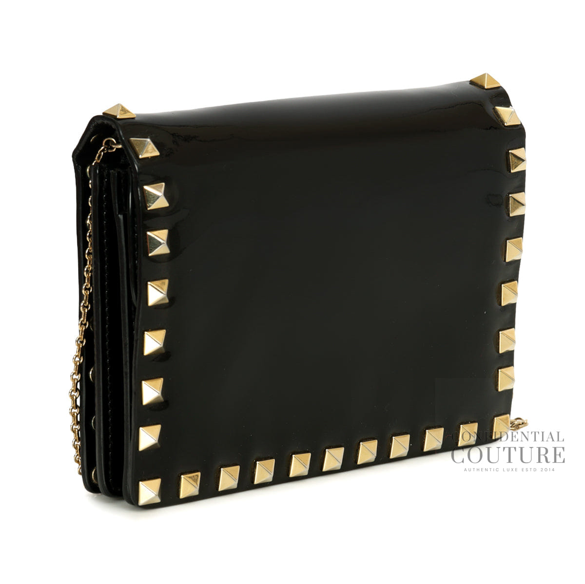 Valentino Garavani Black Patent Leather Rockstud Wallet On Chain
