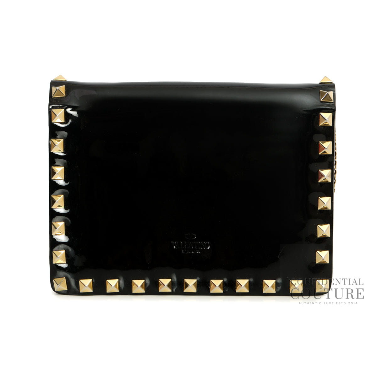 Valentino Garavani Black Patent Leather Rockstud Wallet On Chain