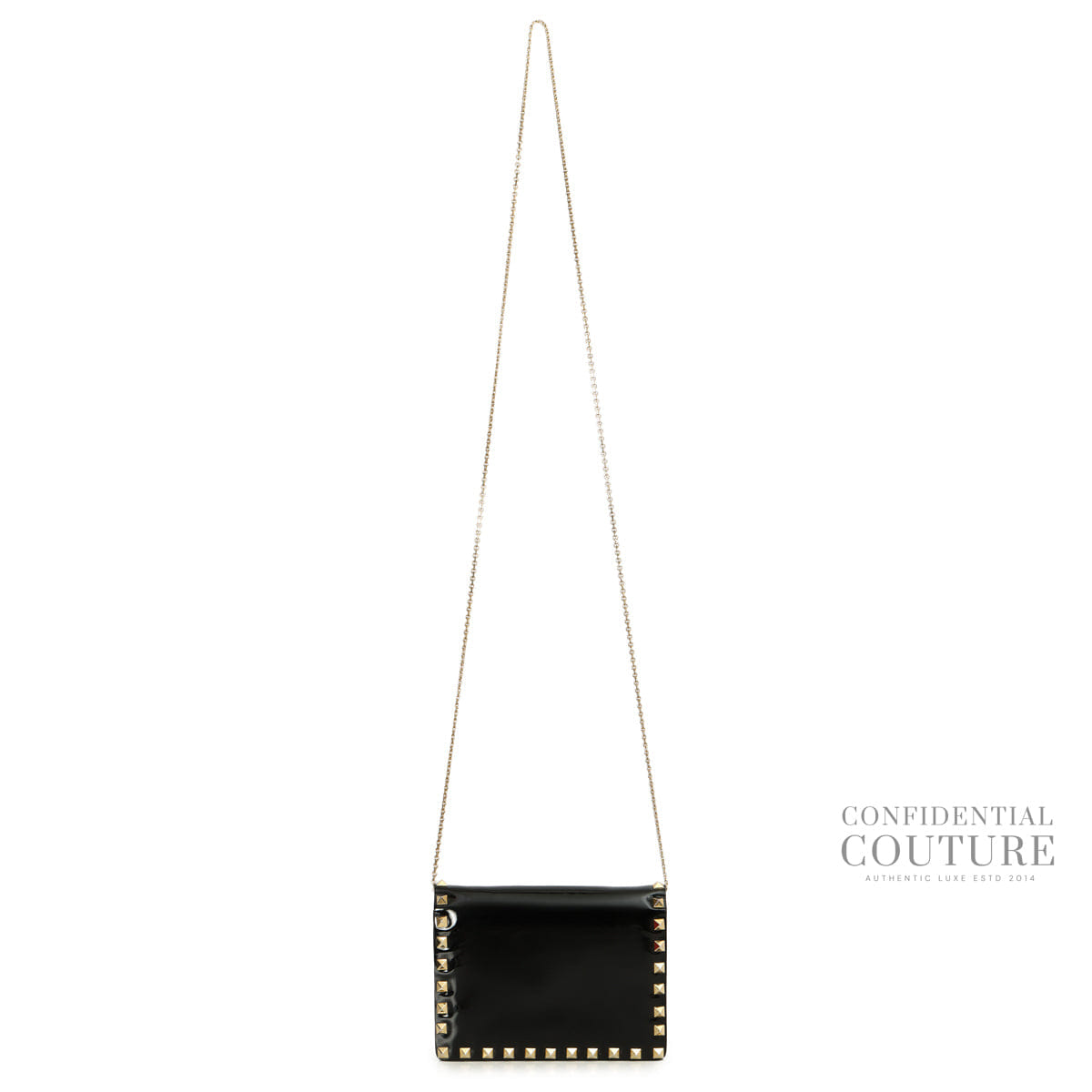 Valentino Garavani Black Patent Leather Rockstud Wallet On Chain
