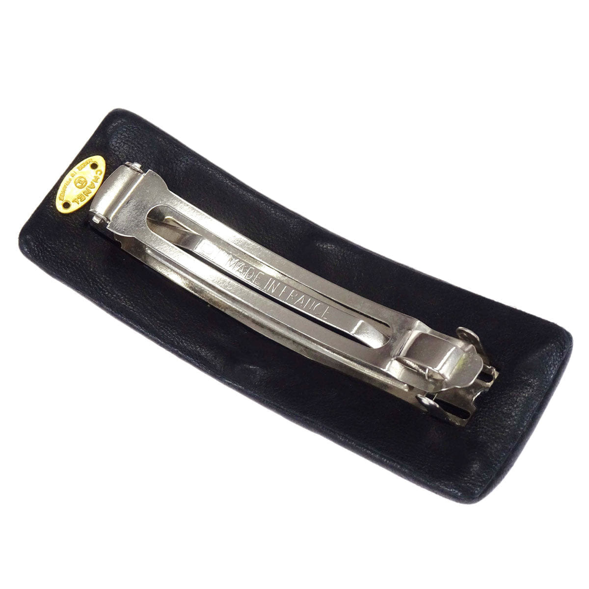 Chanel Hair Clip Barrette CC Black Gold Leather Hair Accessories