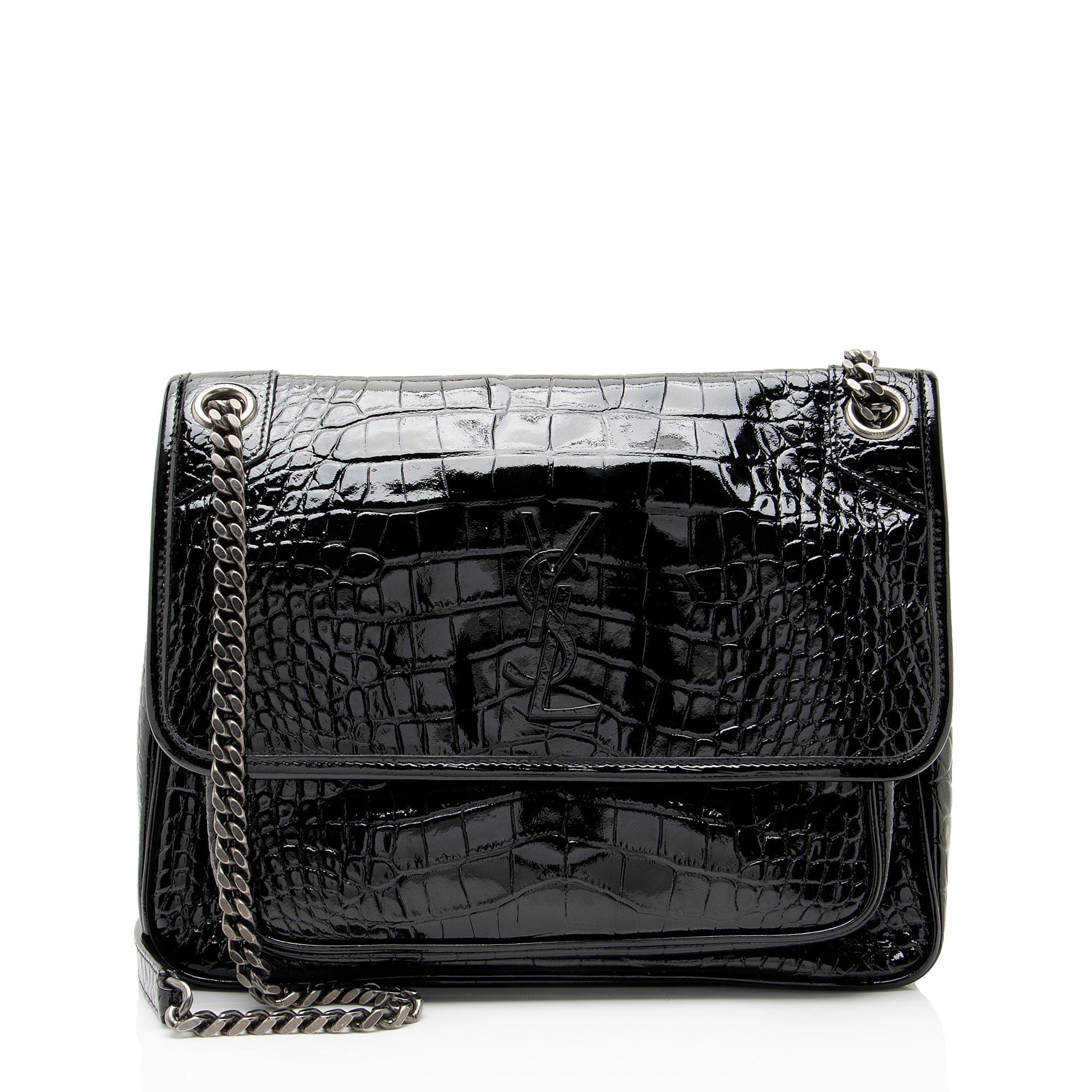 Saint Laurent Patent Croc Embossed Leather Monogram Niki Medium Shoulder Bag