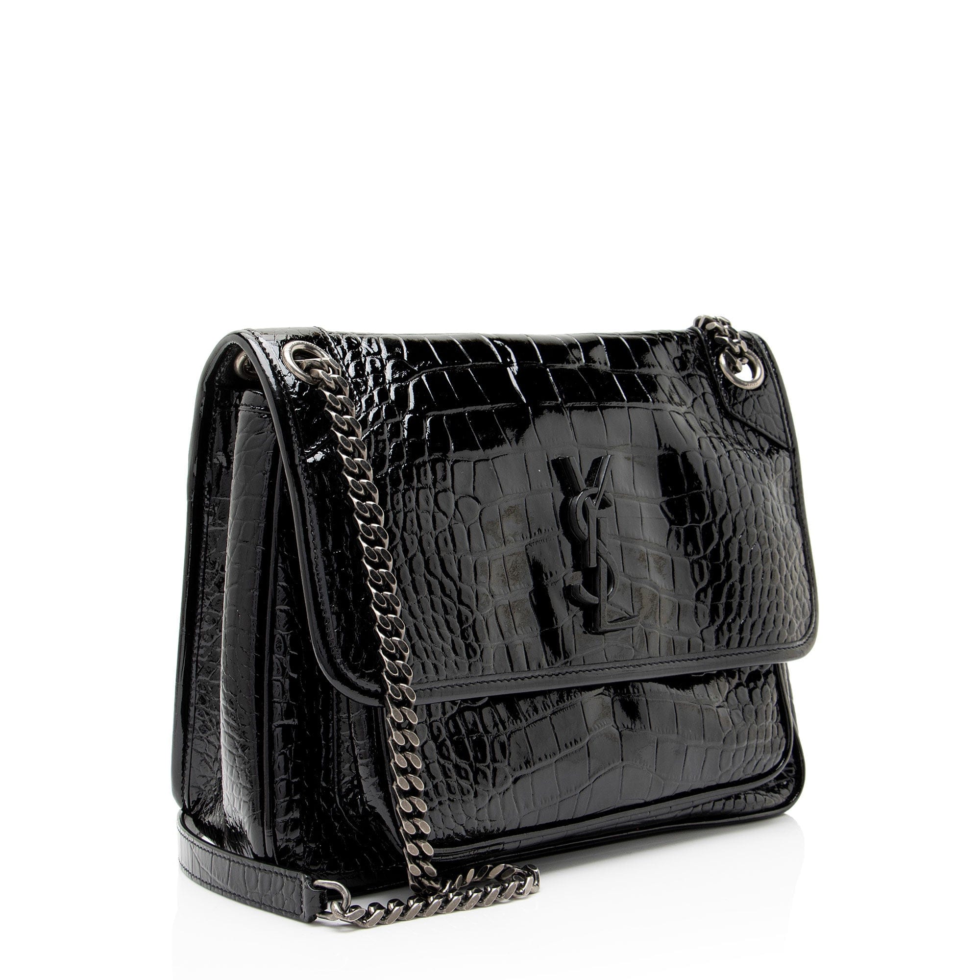 Saint Laurent Patent Croc Embossed Leather Monogram Niki Medium Shoulder Bag