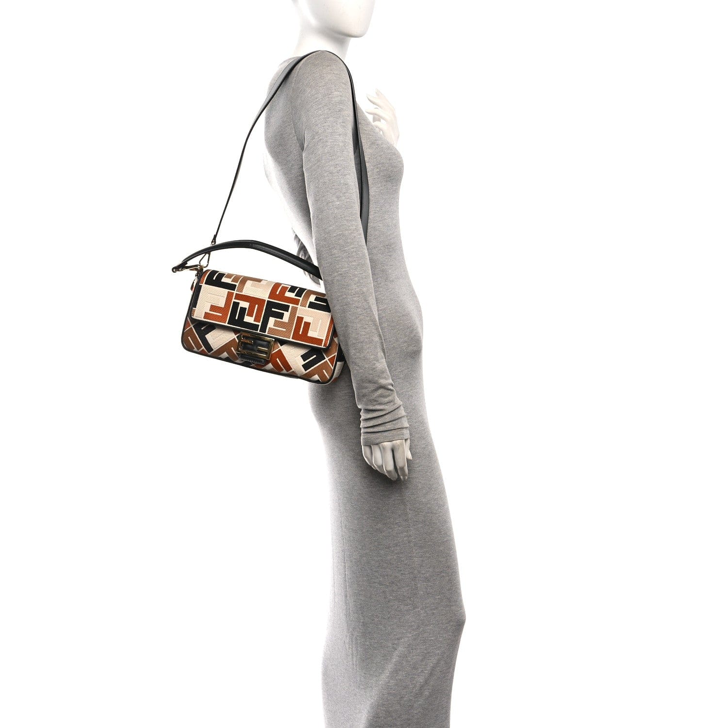 Fendi Canvas Vitello Seta FF Embroidered Baguette Brandy Black